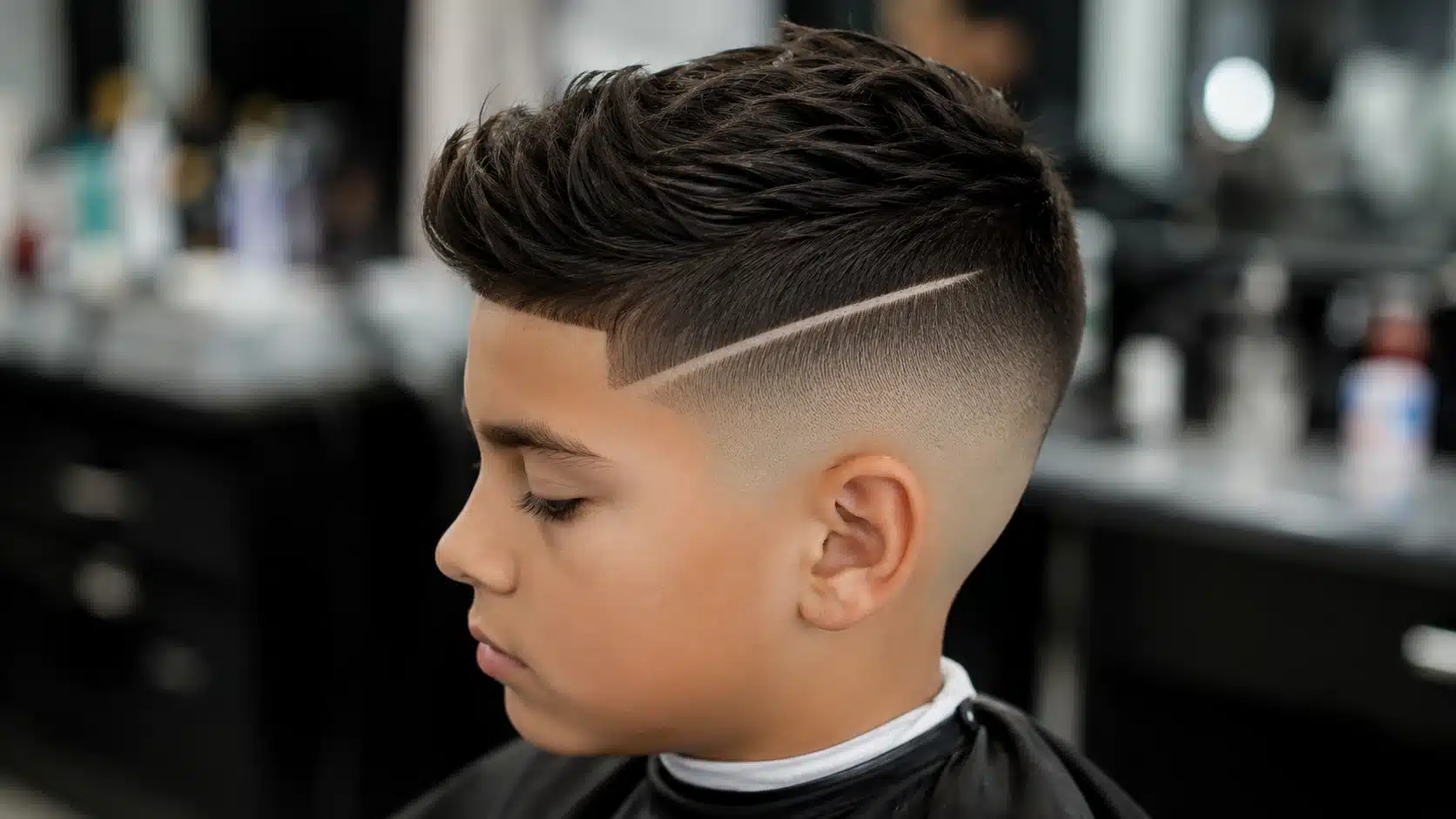 boys haircut with design featuring a bold shaved line with a high fade and short top