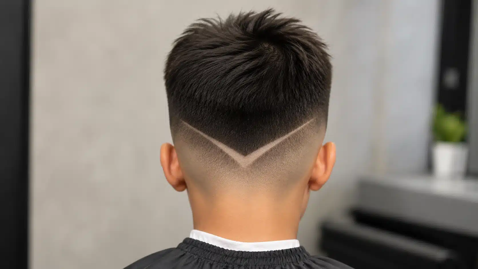 boys haircut with design featuring a centered v shaped neckline with a neat back fade