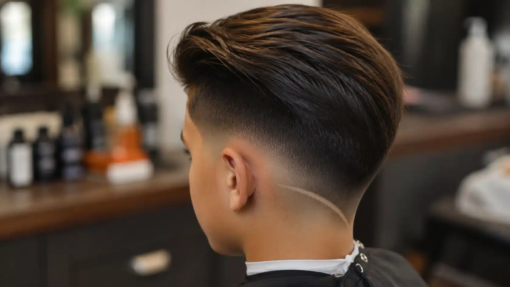 boys haircut with design featuring a drop fade and curved line near the back neckline