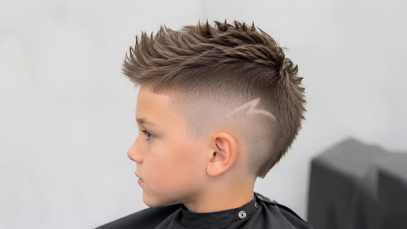 boys haircut with design featuring a mohawk fade with simple shaved side detail