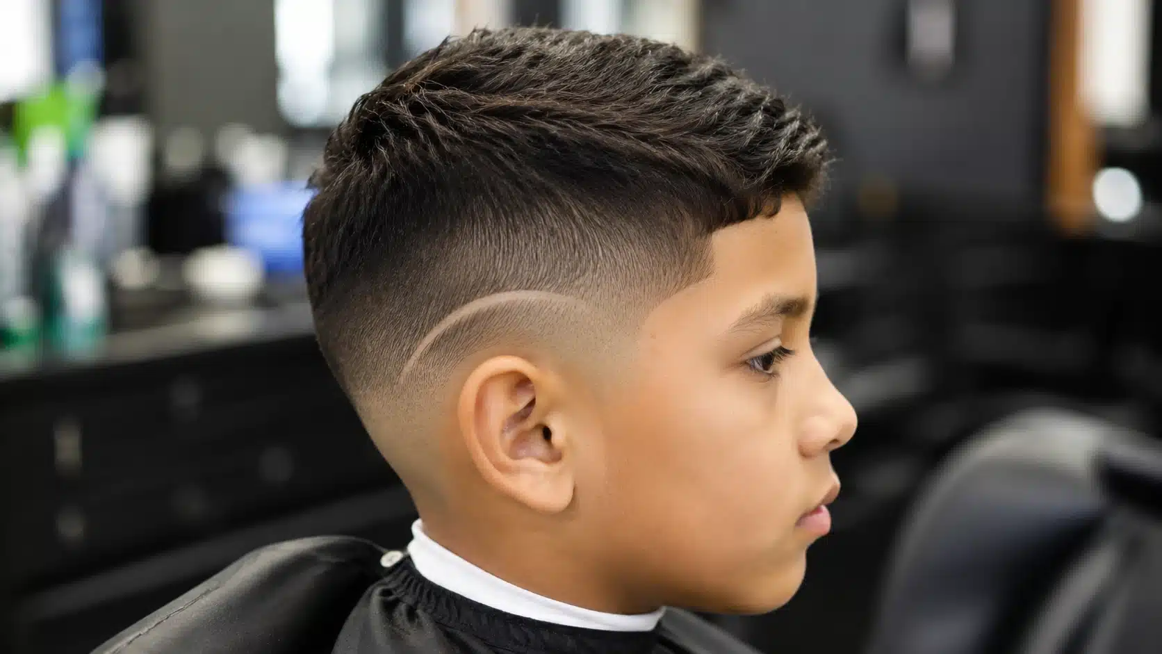 boys haircut with design showing a burst fade with a clean side line around the ear