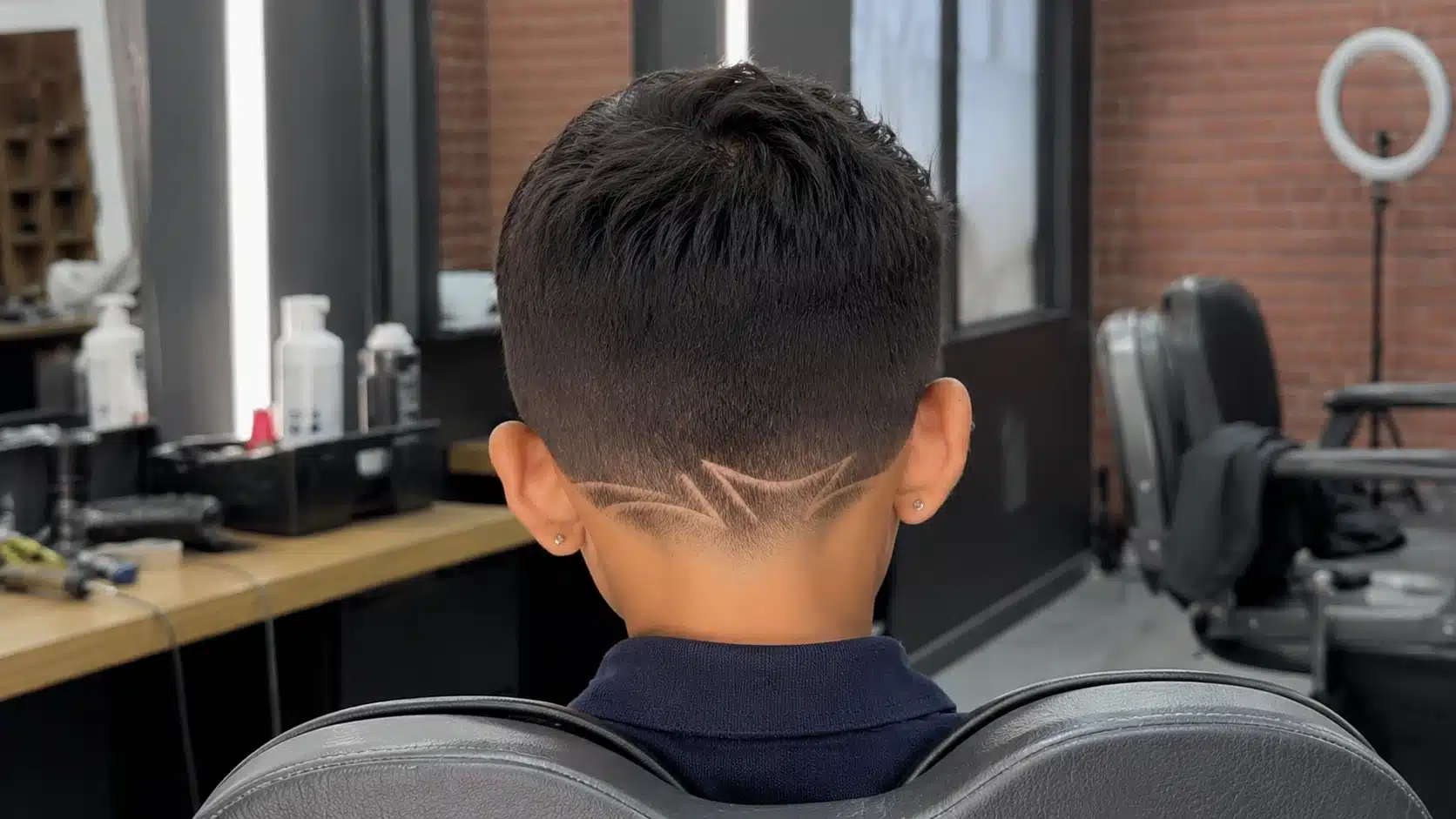 boys haircut with design showing a clean back neckline detail for a school-friendly cut