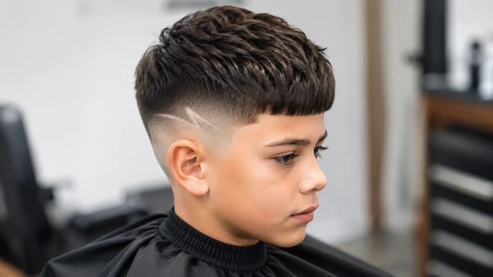 boys haircut with design showing a french crop with short fringe and faded side detail