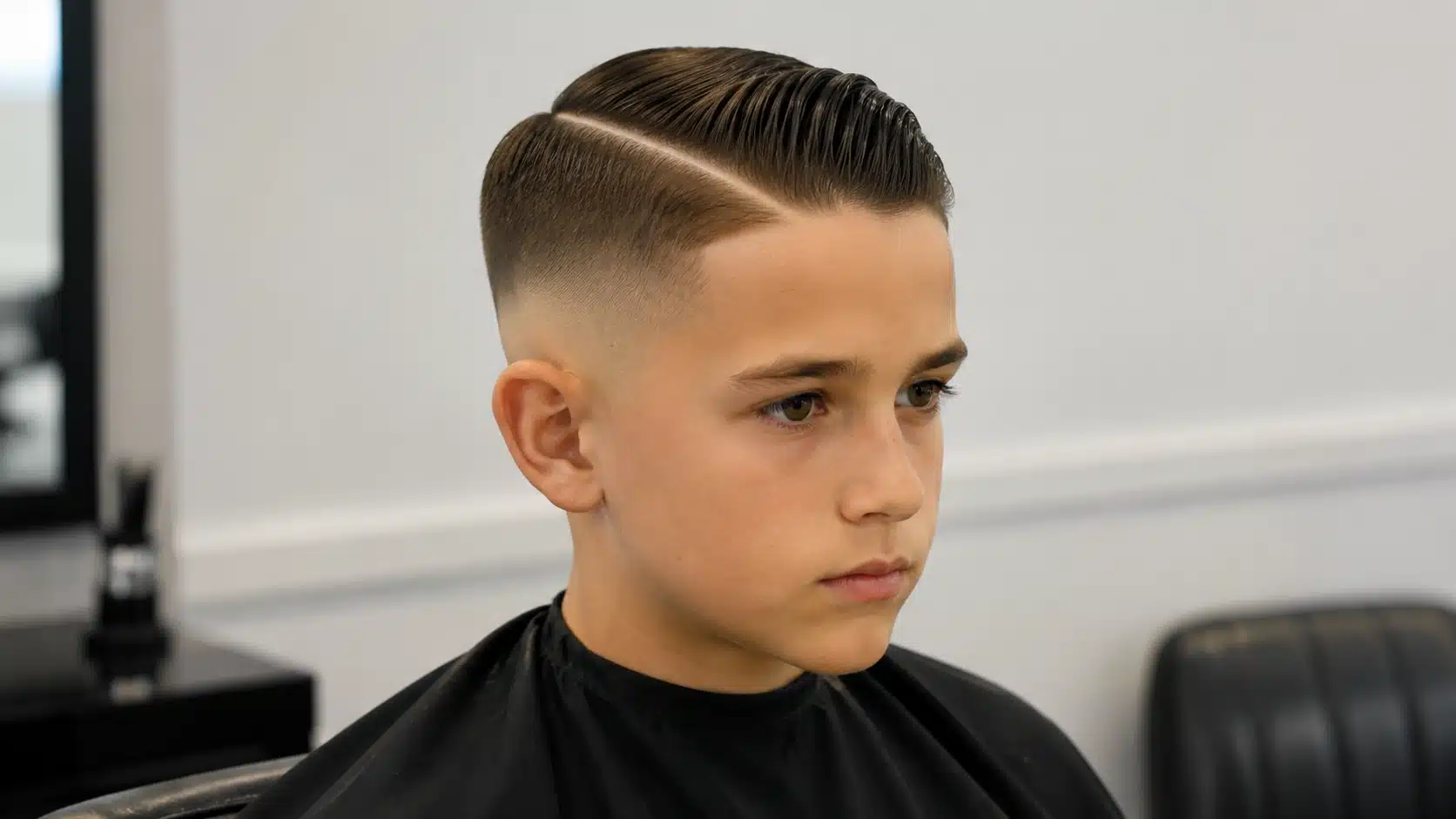 boys haircut with design showing a shaved side part with a neat comb over top