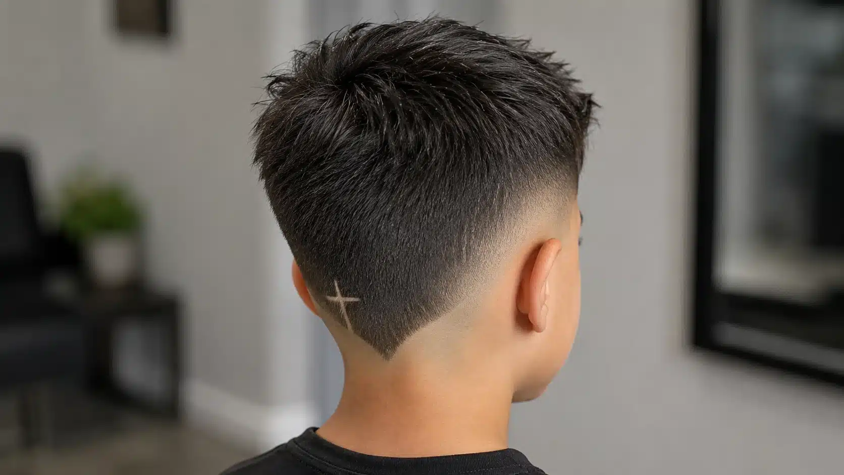 boys haircut with design showing a small cross shape shaved into a clean faded cut