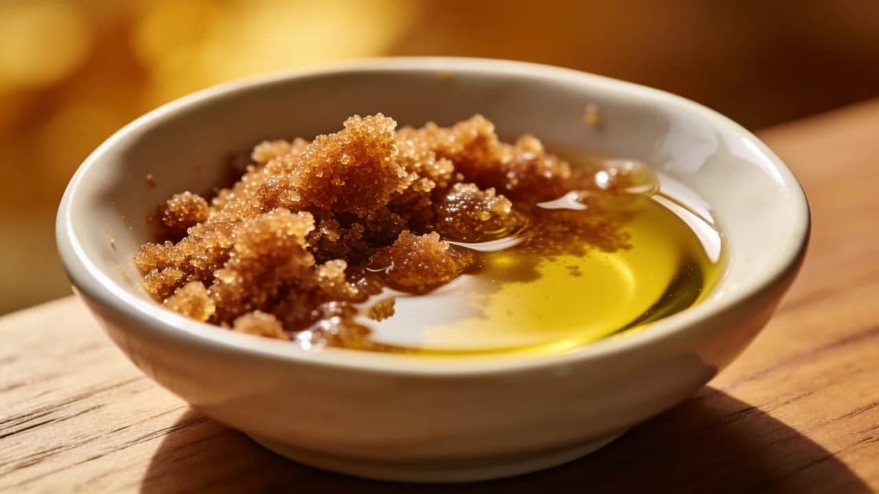 brown sugar and olive oil mixed in a small bowl for mild face exfoliation