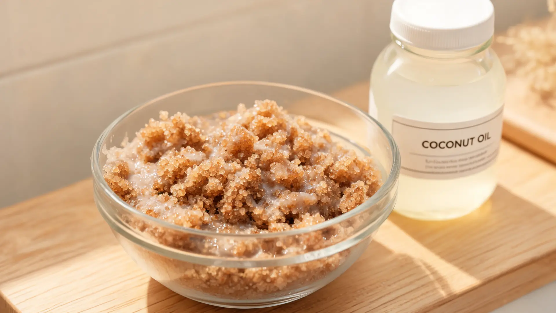 brown sugar coconut oil scrub in bowl grainy texture spa counter warm lighting