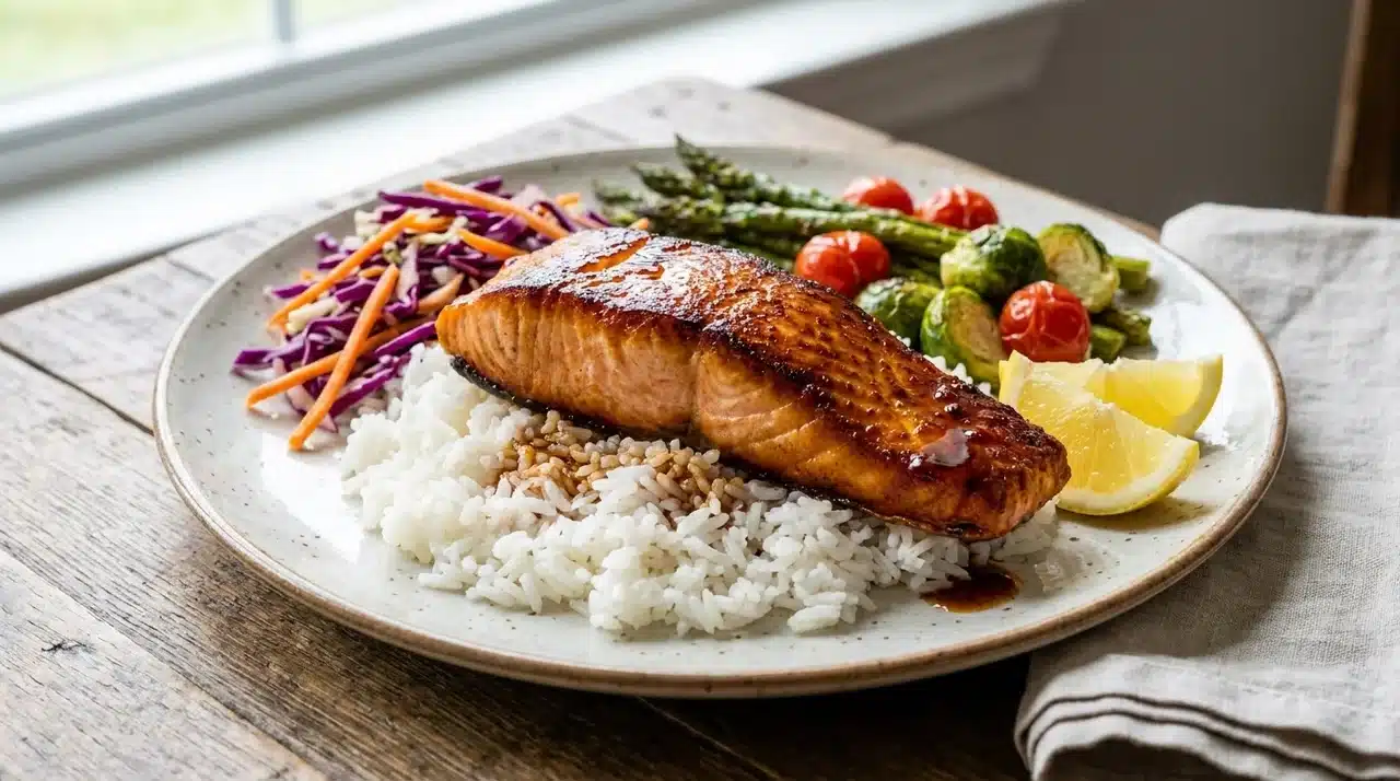 caramelized salmon over white rice with slaw, roasted vegetables, asparagus, tomatoes, and lemon wedges