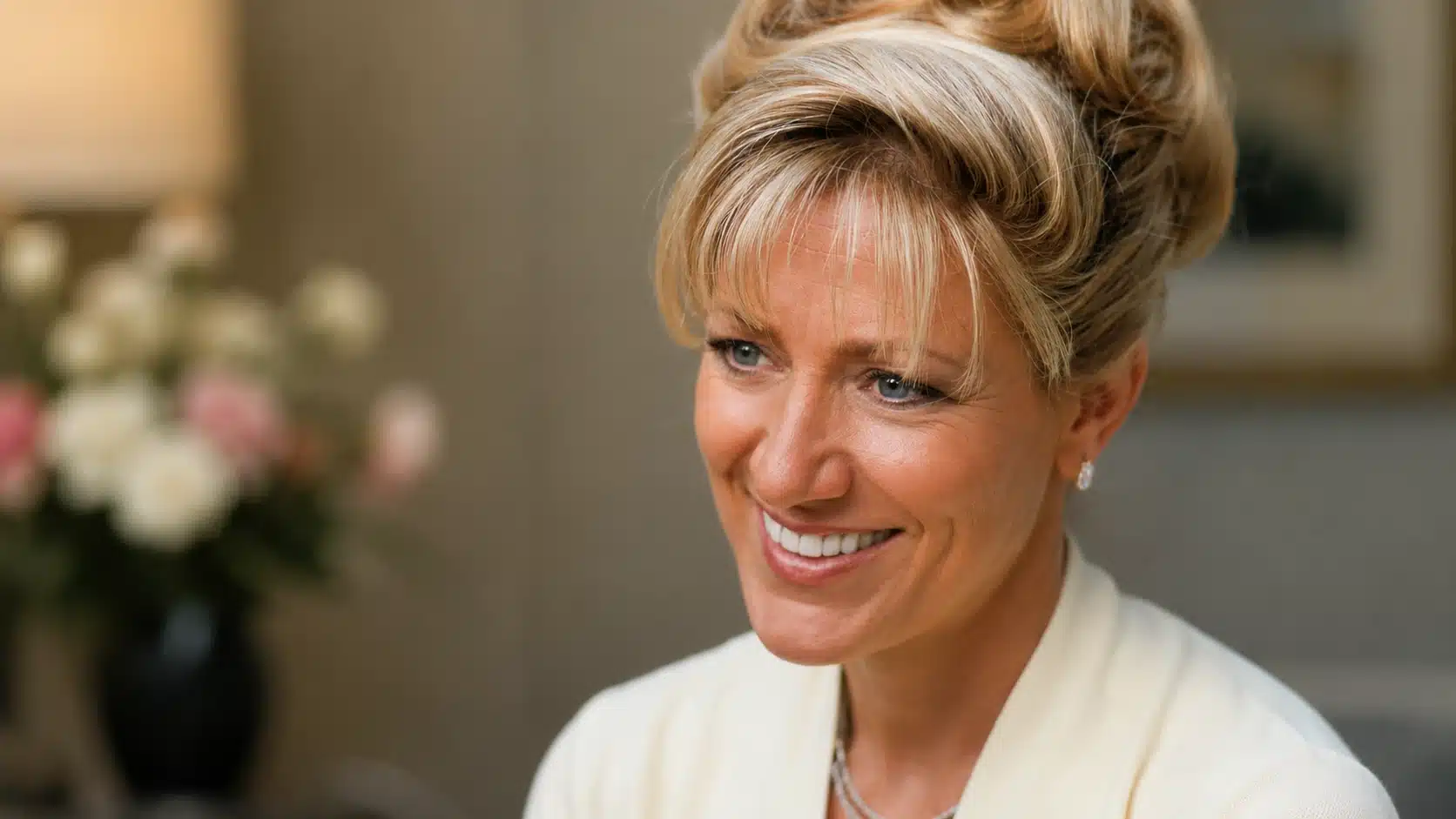 carmela soprano-inspired soft glam with blonde updo, soft makeup, pearl earrings, and warm indoor lighting