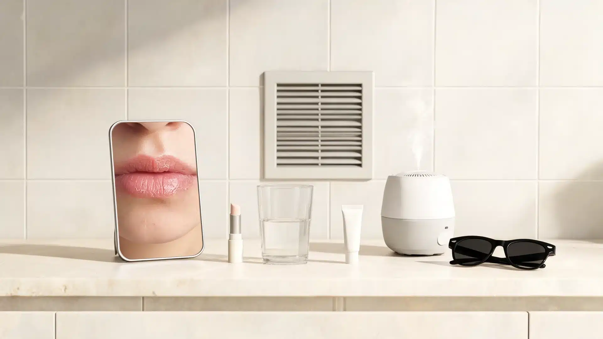 chapped lips causes shown with realistic lip balm, water, ointment, humidifier, sunglasses, and dry indoor air