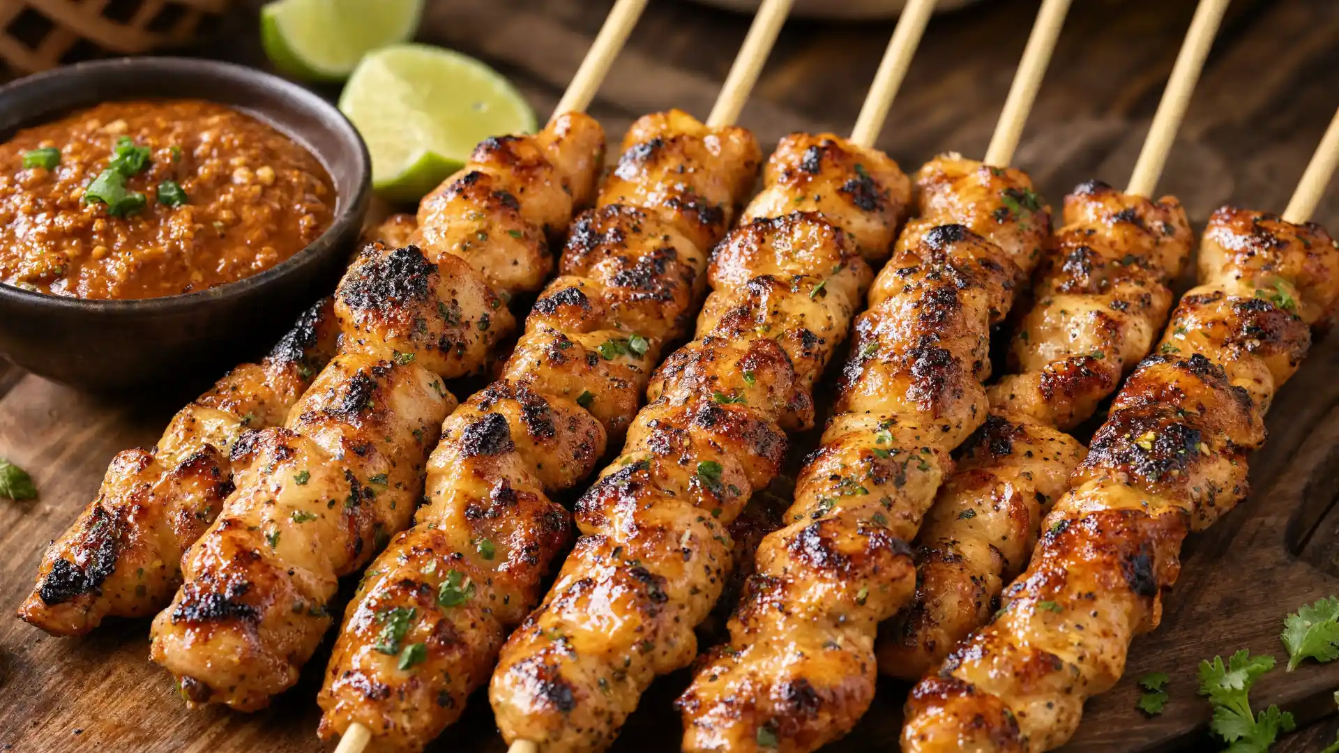 chicken satay skewers grilled and juicy served with rich peanut dipping sauce