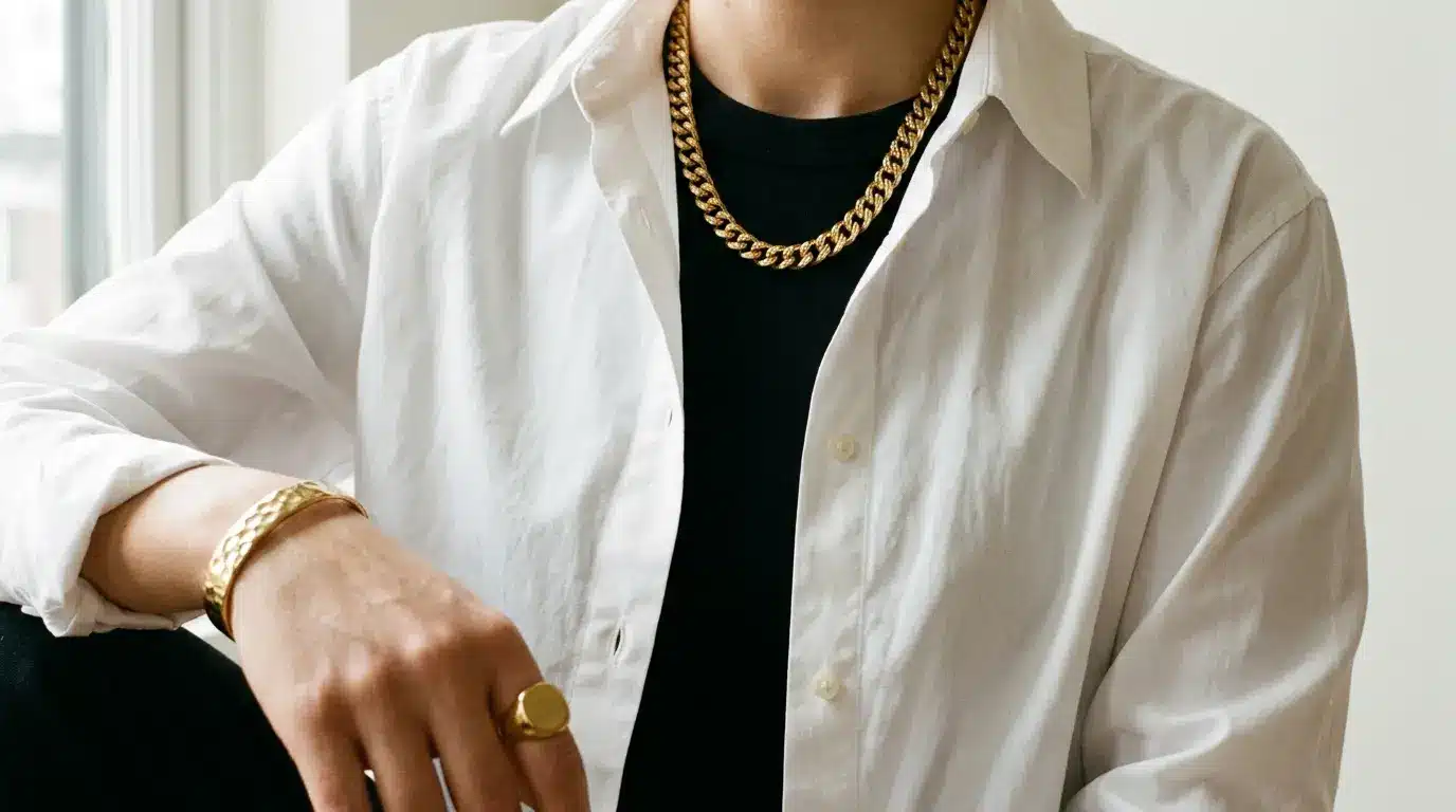 chunky gold chain cuff and signet ring styled with plain white shirt and black top