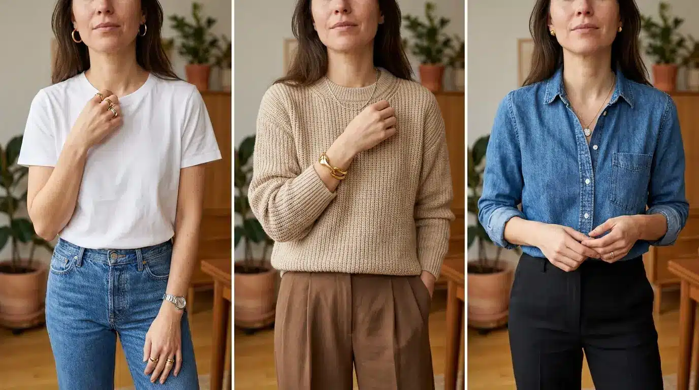 close up casual outfits showing mixed gold and silver jewelry clearly with simple daily clothes