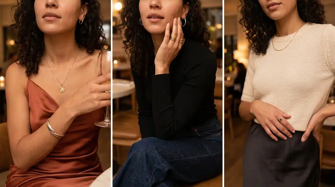 close up date night outfits showing gold and silver jewelry clearly with soft evening clothes