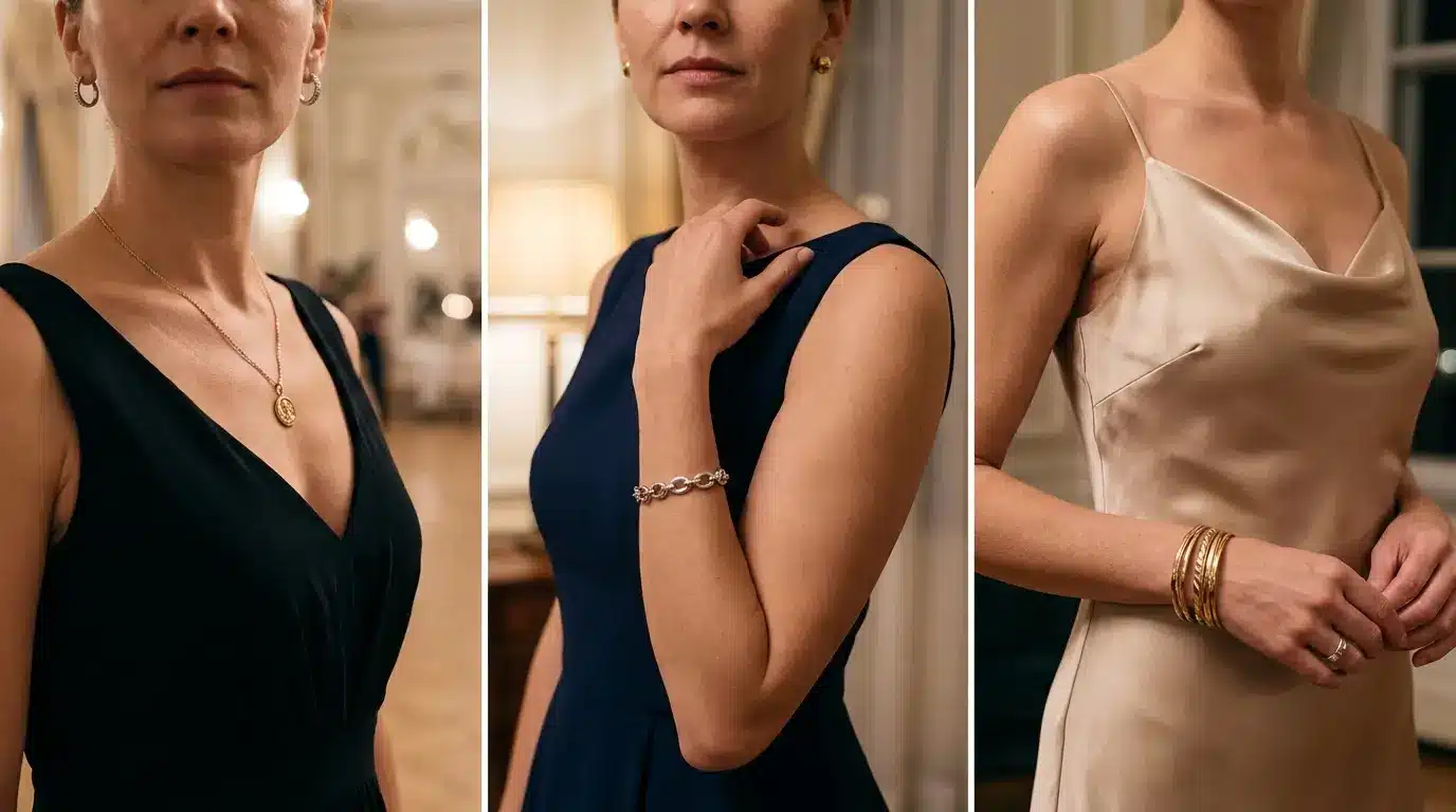 close up formal outfits showing gold and silver jewelry clearly with dresses in soft evening light