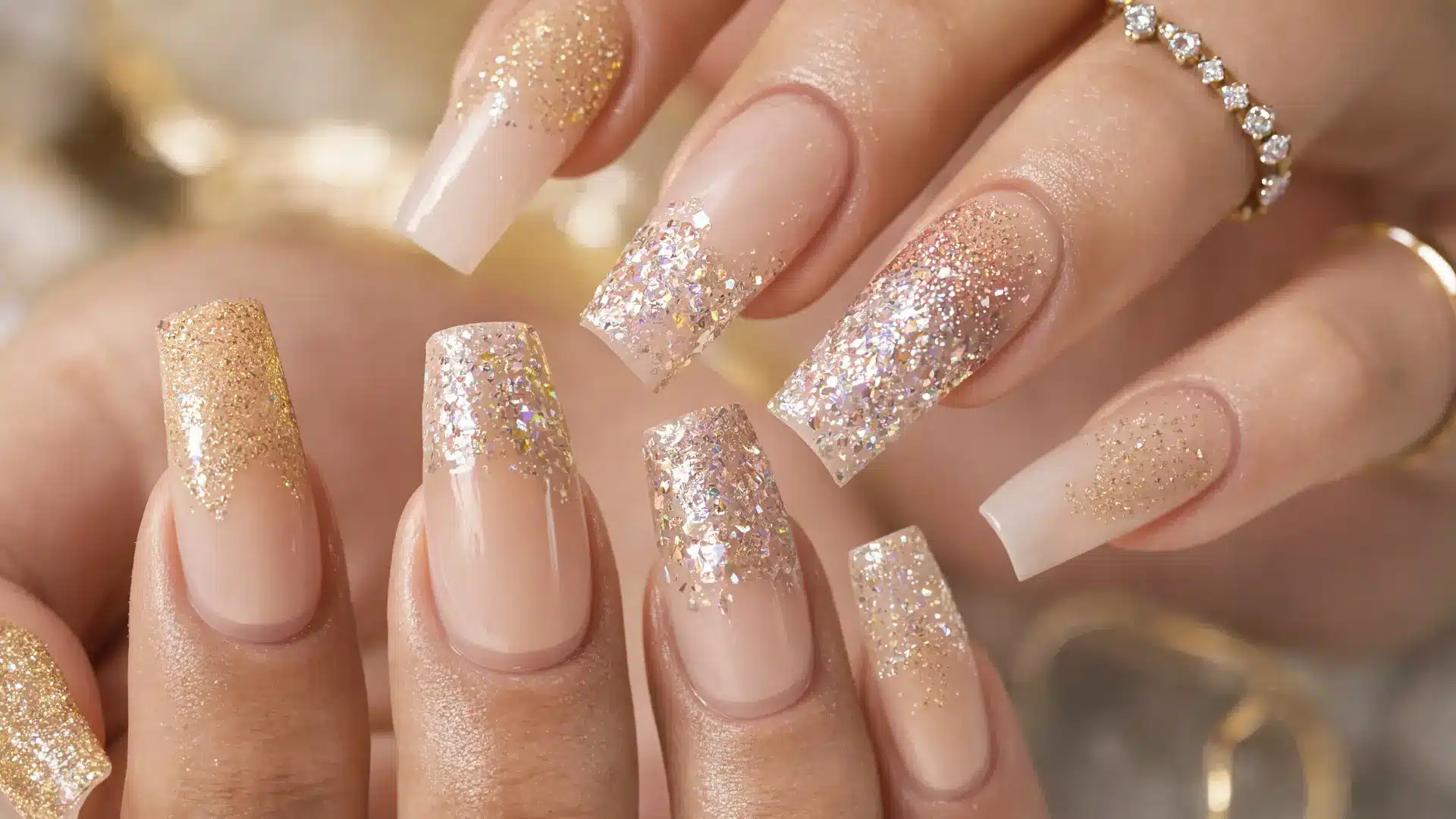 close up glitter nail enhancements square nails embedded sparkle gel finish party festive luxury look