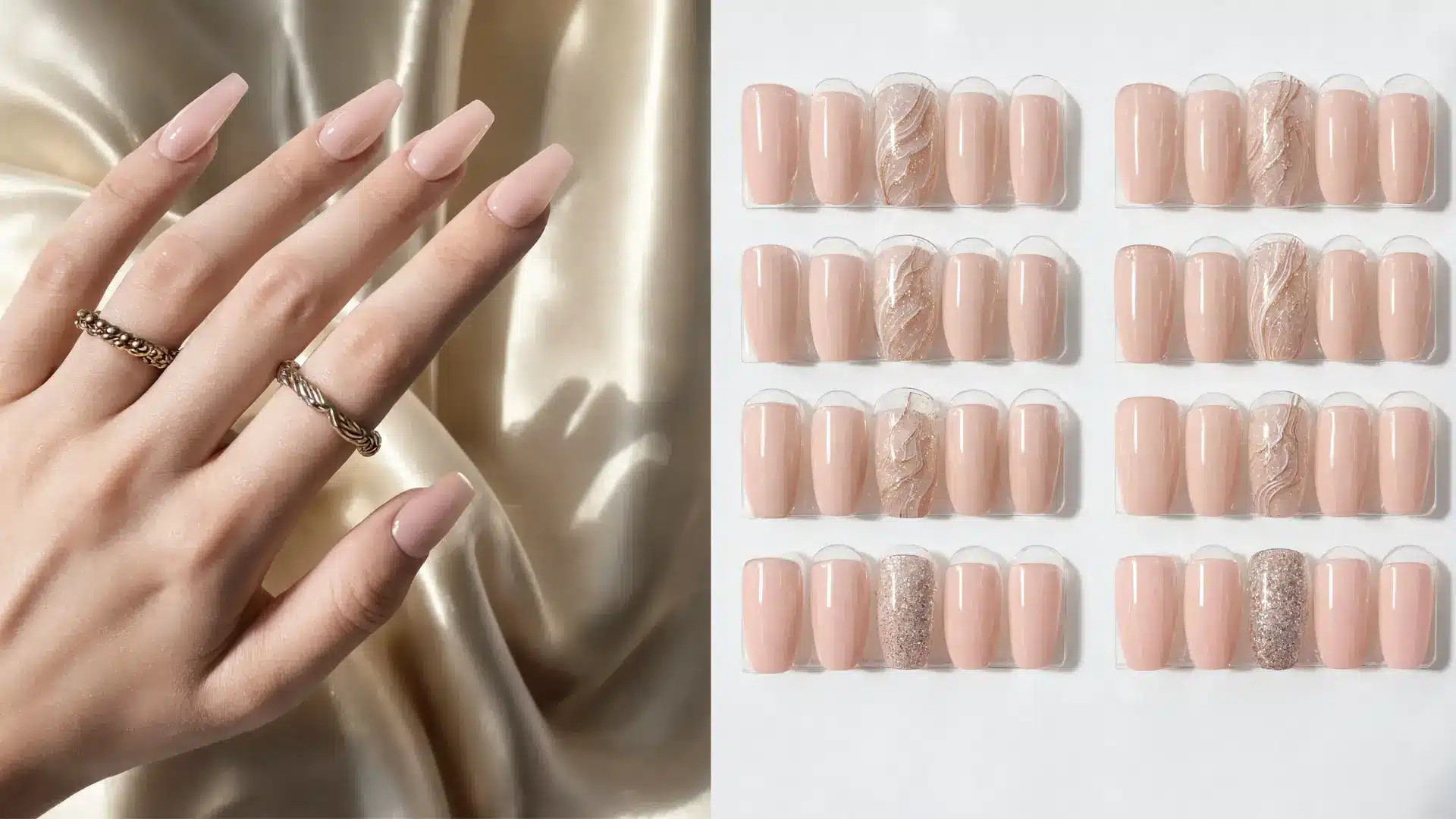 close up press on nail extensions almond coffin square shapes reusable salon style nails clean polished natural application