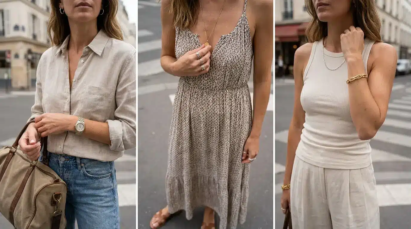 close up travel outfits showing mixed gold and silver jewelry clearly with easy vacation clothes