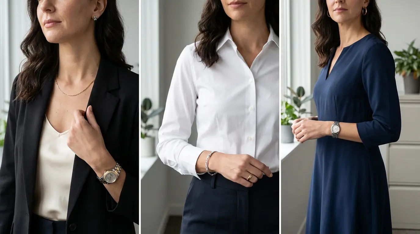 close up work outfits showing mixed metal jewelry clearly with blazers shirts and dresses