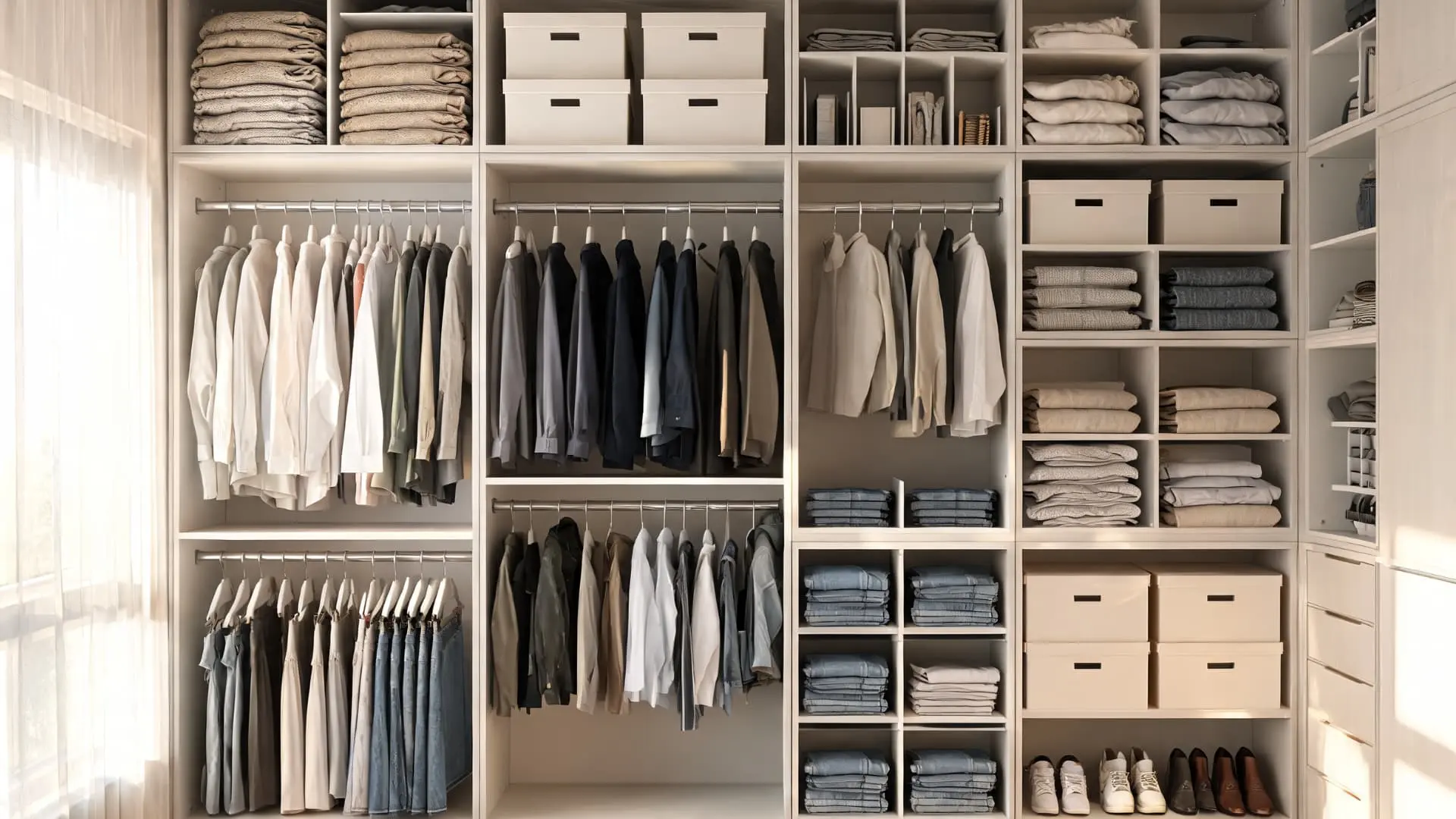 closet optimization storage with neatly arranged clothes hanging organizers and shelf dividers inside a well organized wardrobe