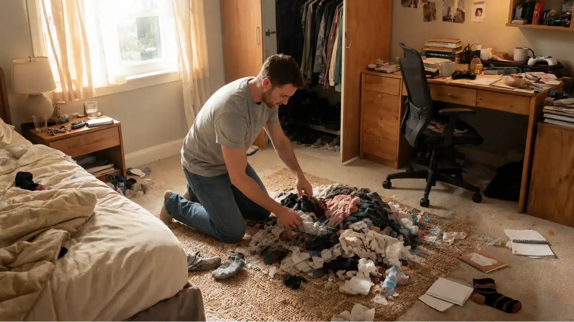 cluttered room before organization showing items scattered on floor table and surfaces during decluttering process