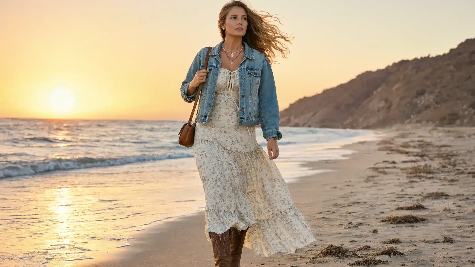 coastal cowgirl fashion with flowy dress, cowboy boots, denim jacket, and sunset beach desert scenery