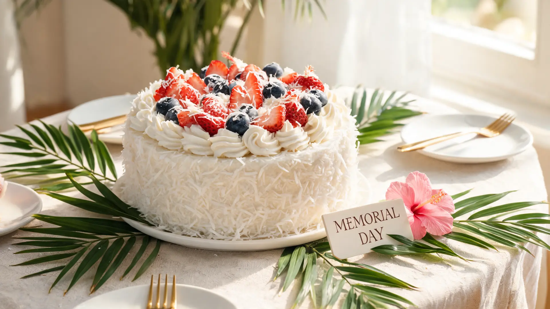 coconut cream berry cake topped with whipped cream coconut and fresh berries