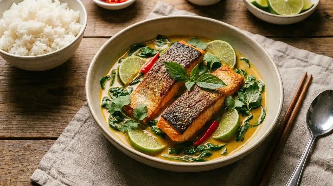 coconut curry salmon with crispy skin, spinach, lime slices, fresh herbs, red chilies, and white rice