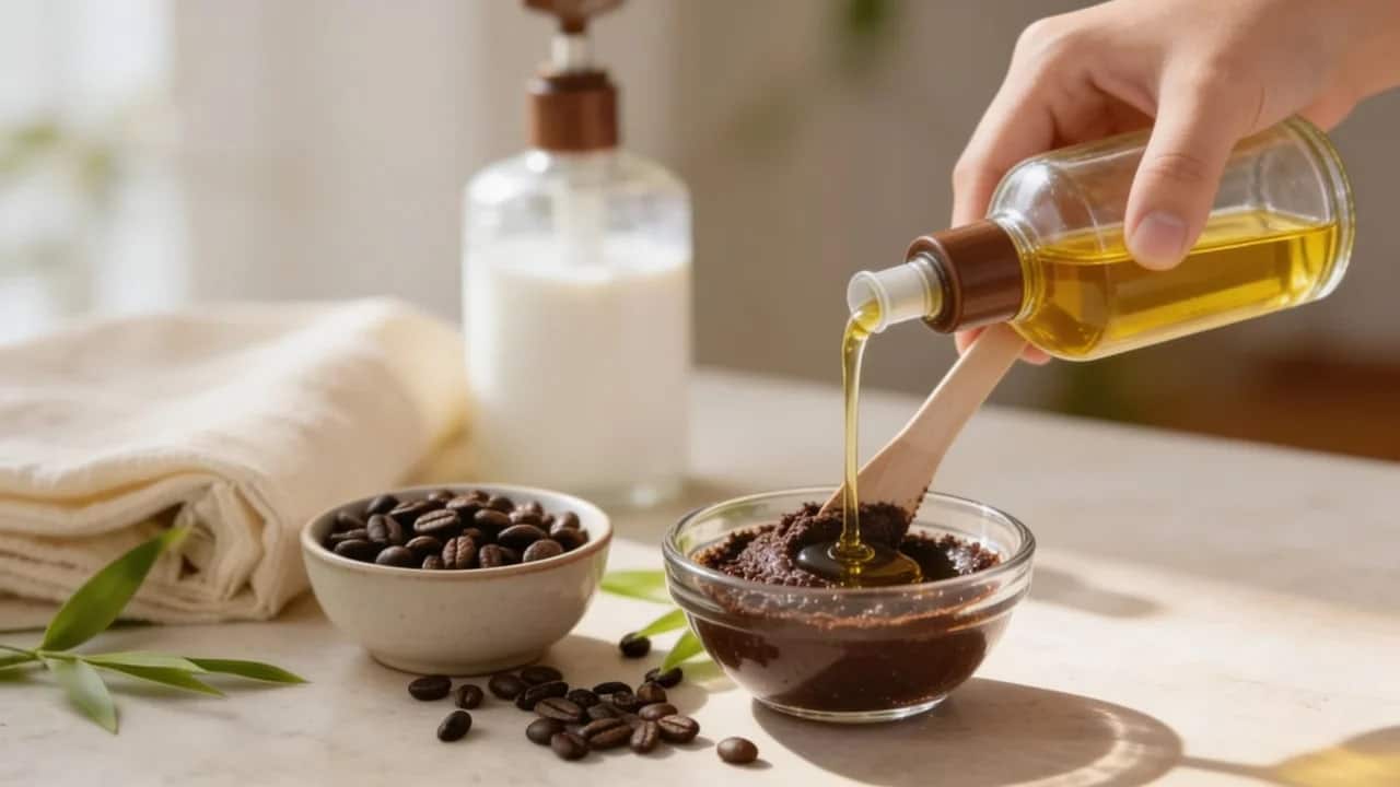 coffee grounds with jojoba oil in a bowl for exfoliating