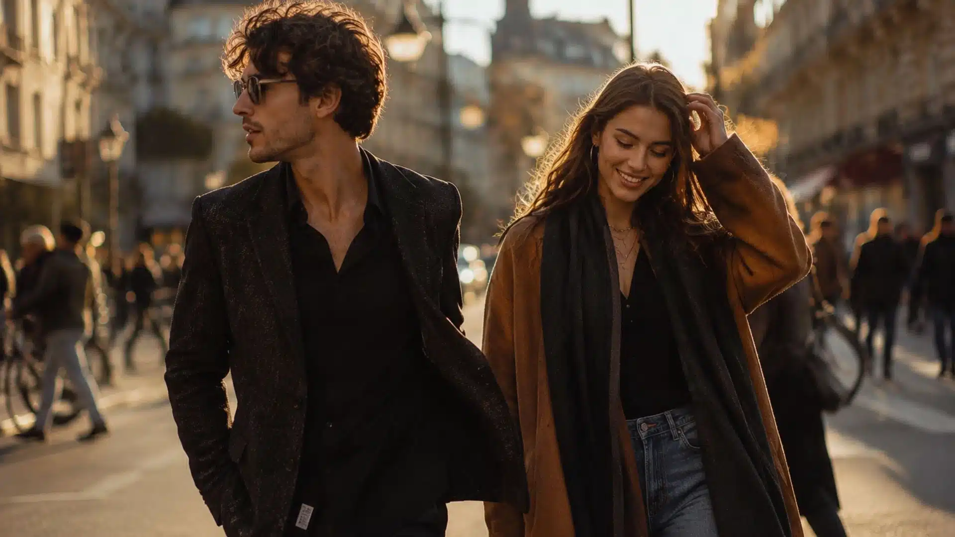 Couple walking in a city street during golden hour in candid street photography style