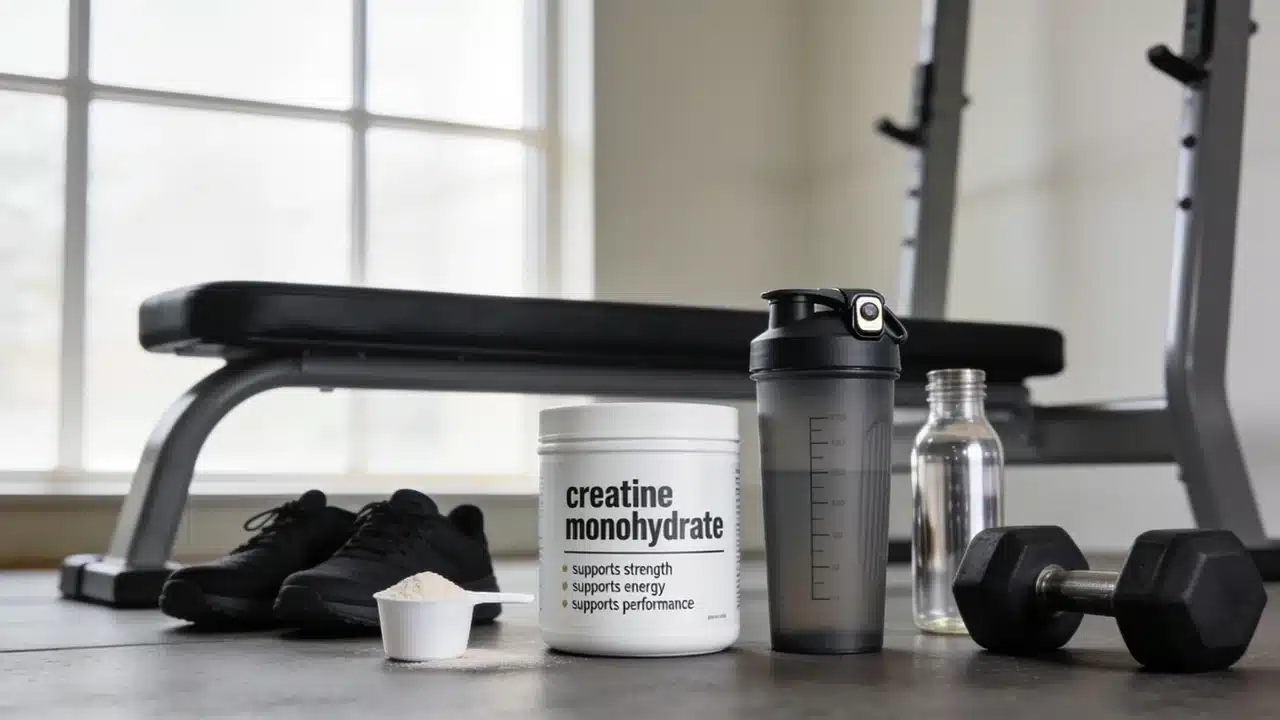 creatine scoop shaker dumbbells and water bottle showing why people use creatine for training