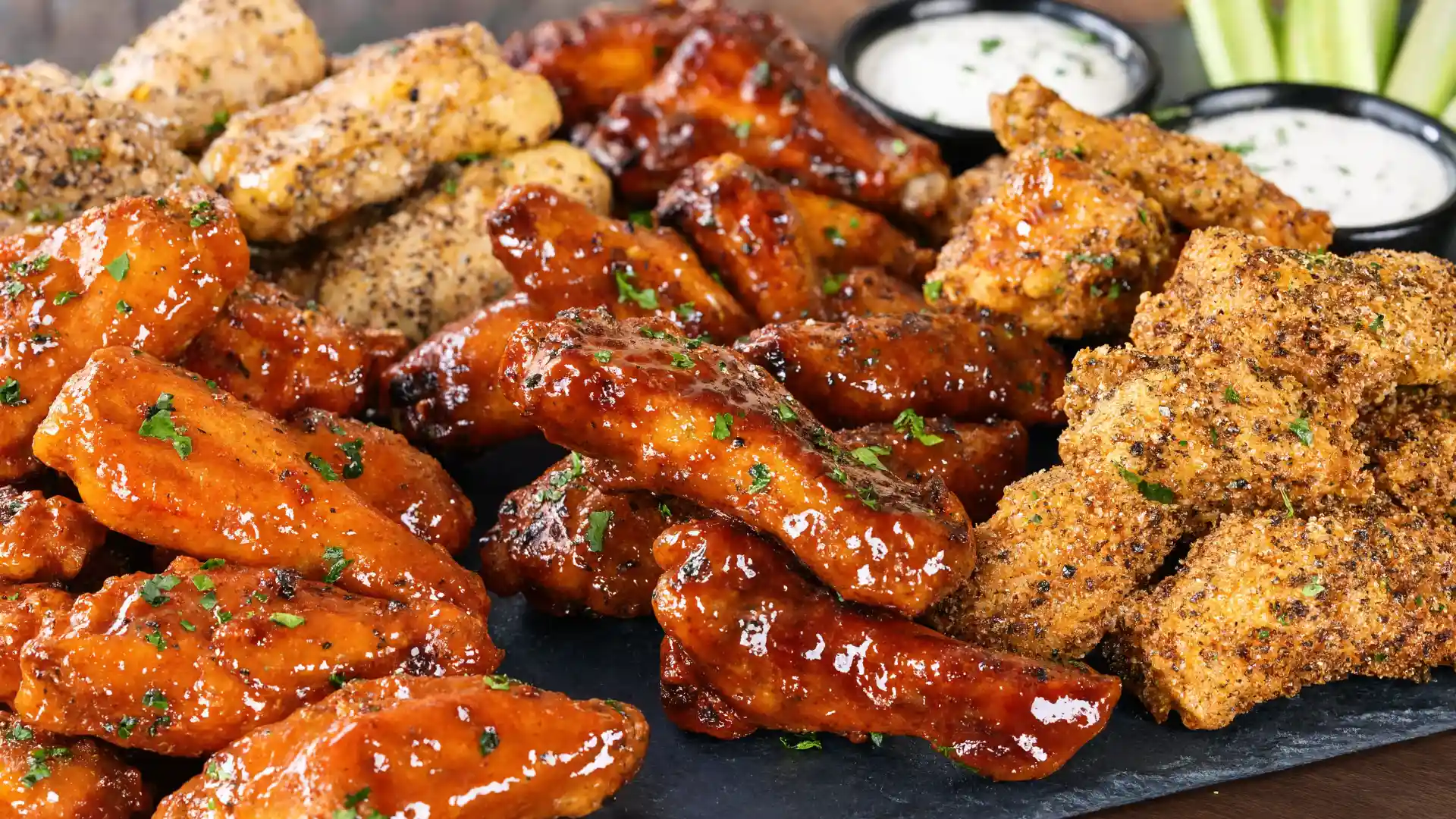 crispy chicken wings in bold flavors perfect finger food for any party spread