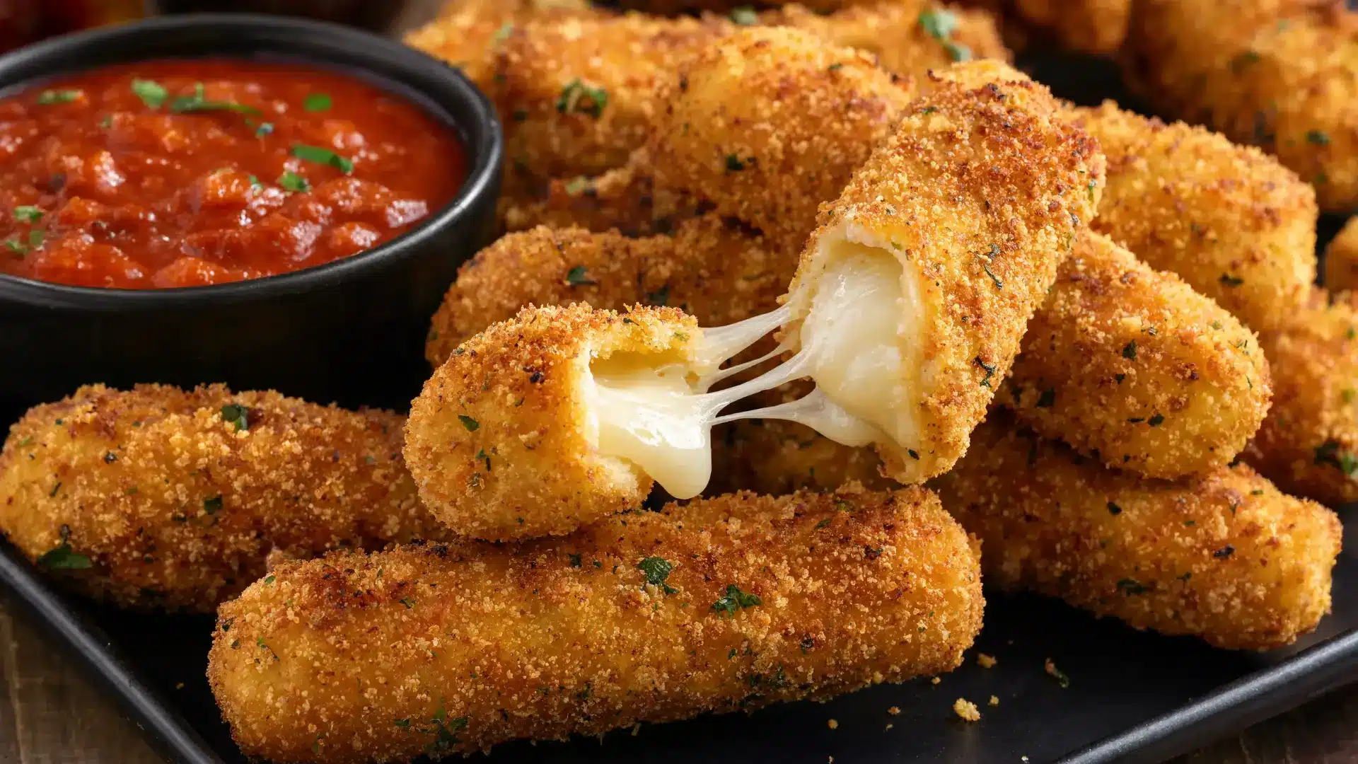 crispy mozzarella sticks with gooey cheese center perfect warm party appetizer bite
