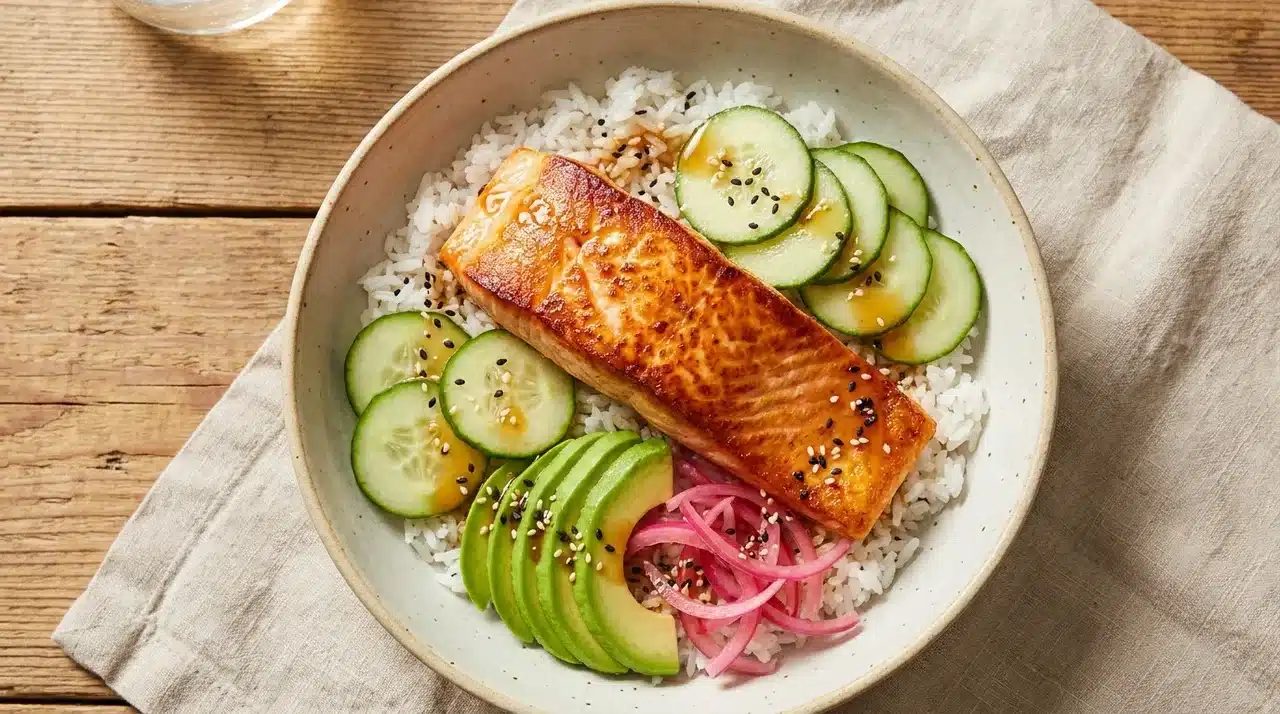 crispy salmon rice bowl with cucumber slices, avocado, pickled onions, sesame seeds, and glossy sauce