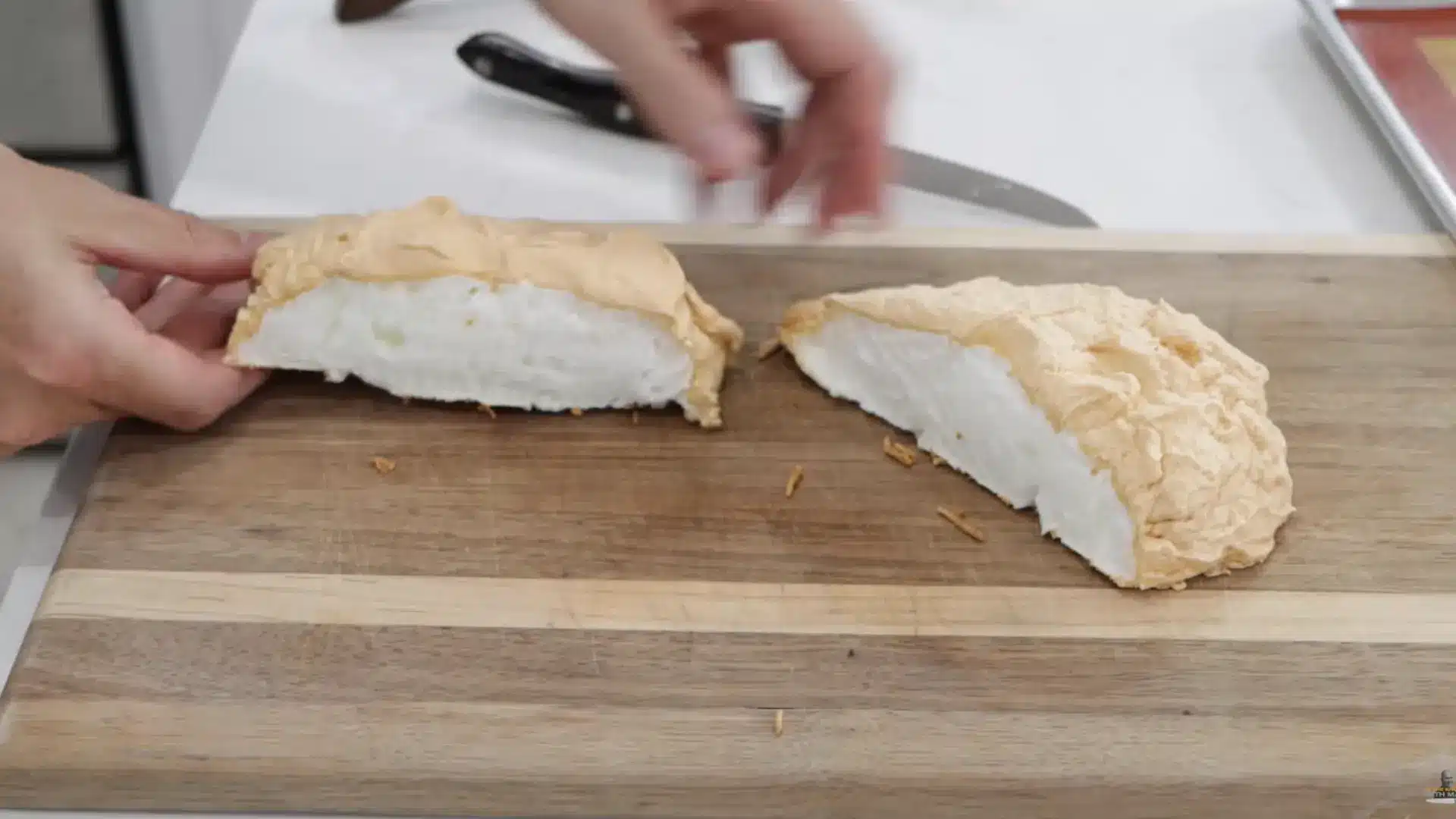 cutting open fluffy cloud bread showing airy soft interior texture like angel food cake