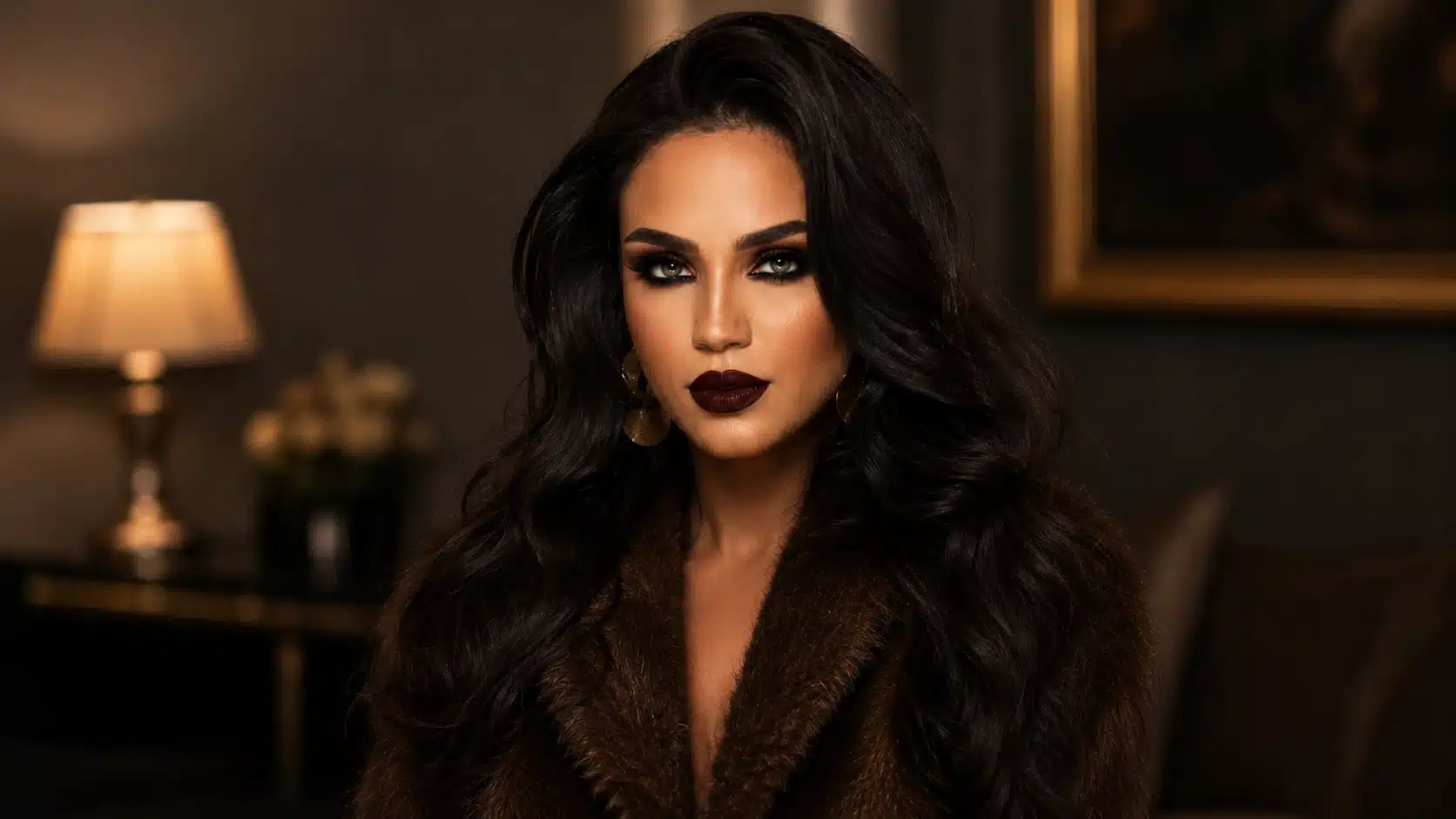 dark smoky eye mob wife makeup with voluminous black hair, deep lips, faux fur coat, and warm moody lighting