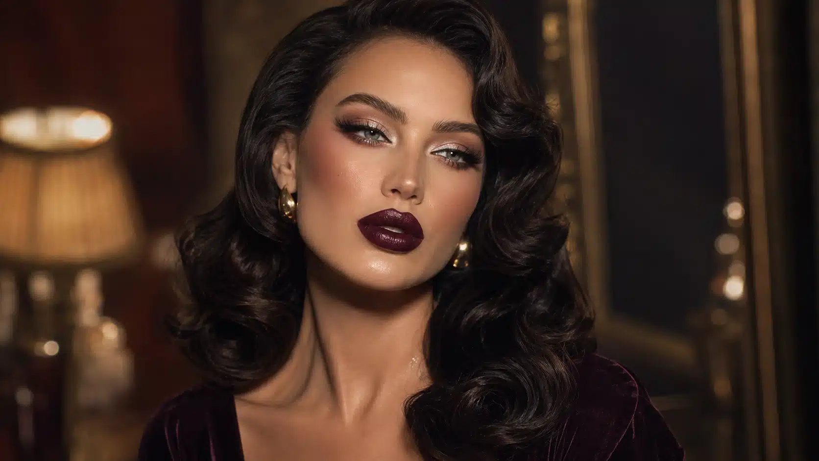deep wine lip night glam with vintage waves, smoky eyes, gold earrings, and rich burgundy velvet styling