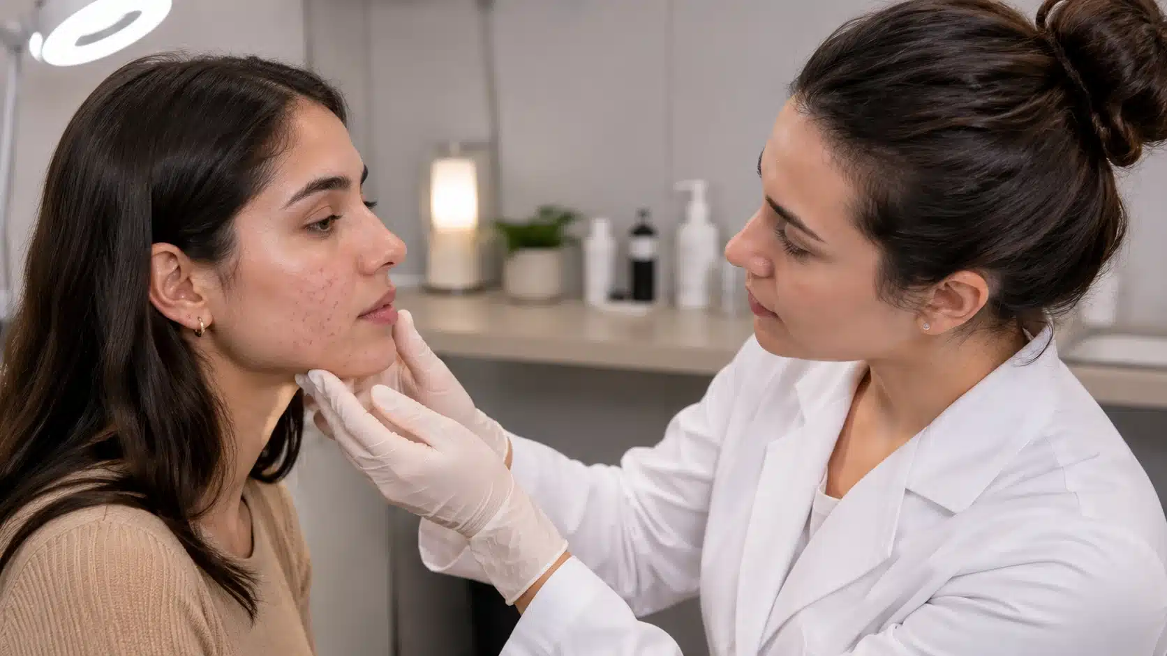 dermatologist examining facial skin during a whiteheads vs blackheads consultation in a calm clinic setting