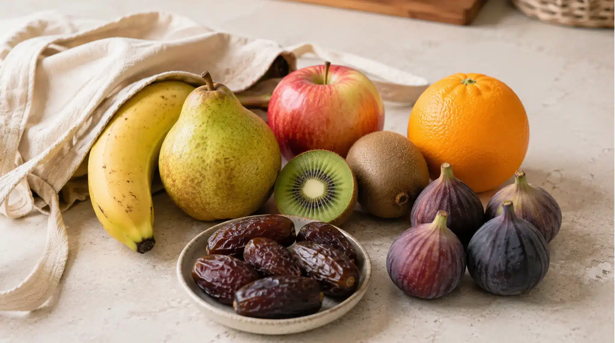 easy grocery fruits with fiber including pear apple kiwi orange banana figs and dates