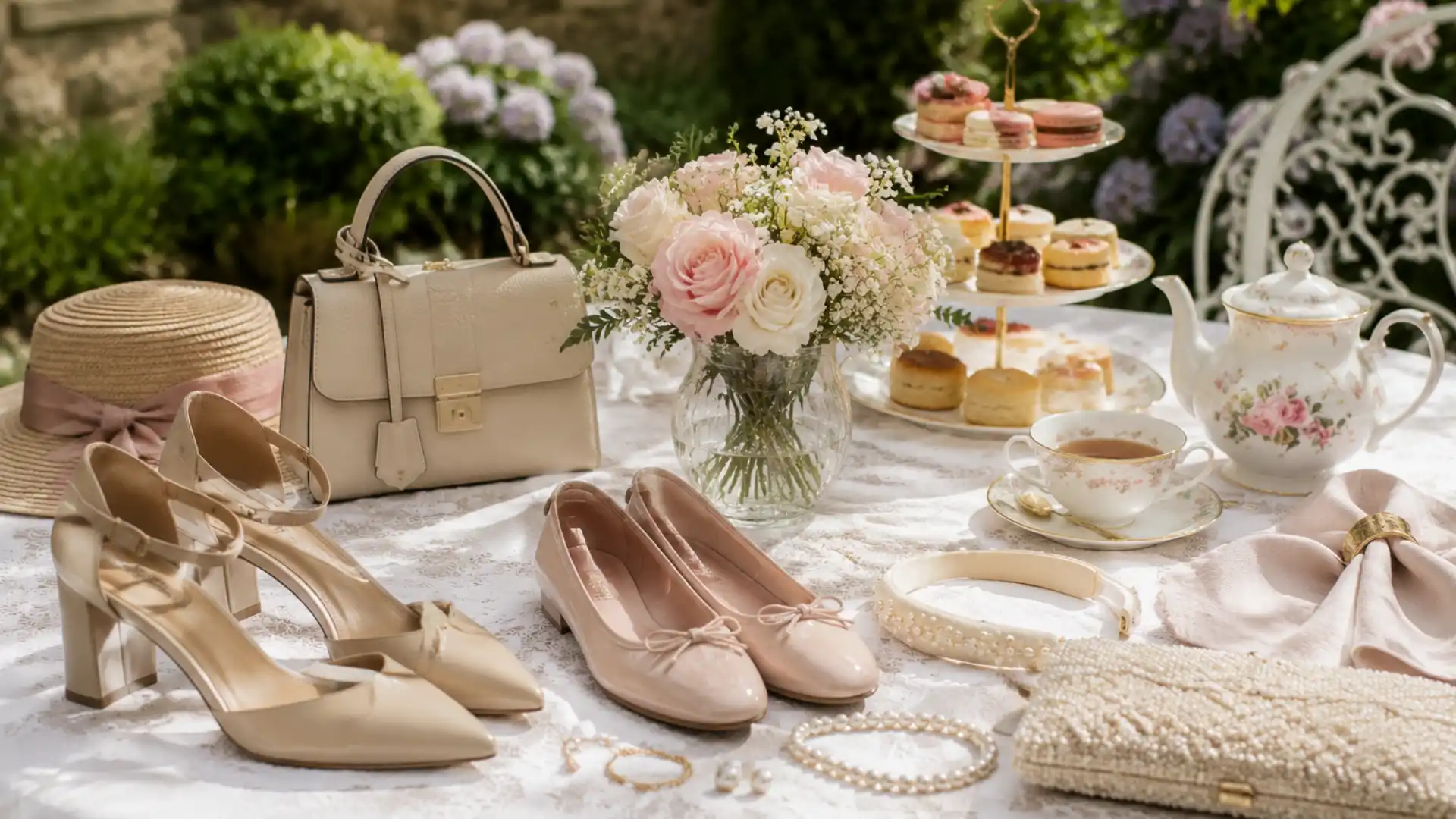 Elegant outdoor tea party flat lay featuring heels ballet flats pearls, handbags, tea set, and floral decor on a soft sunlit table