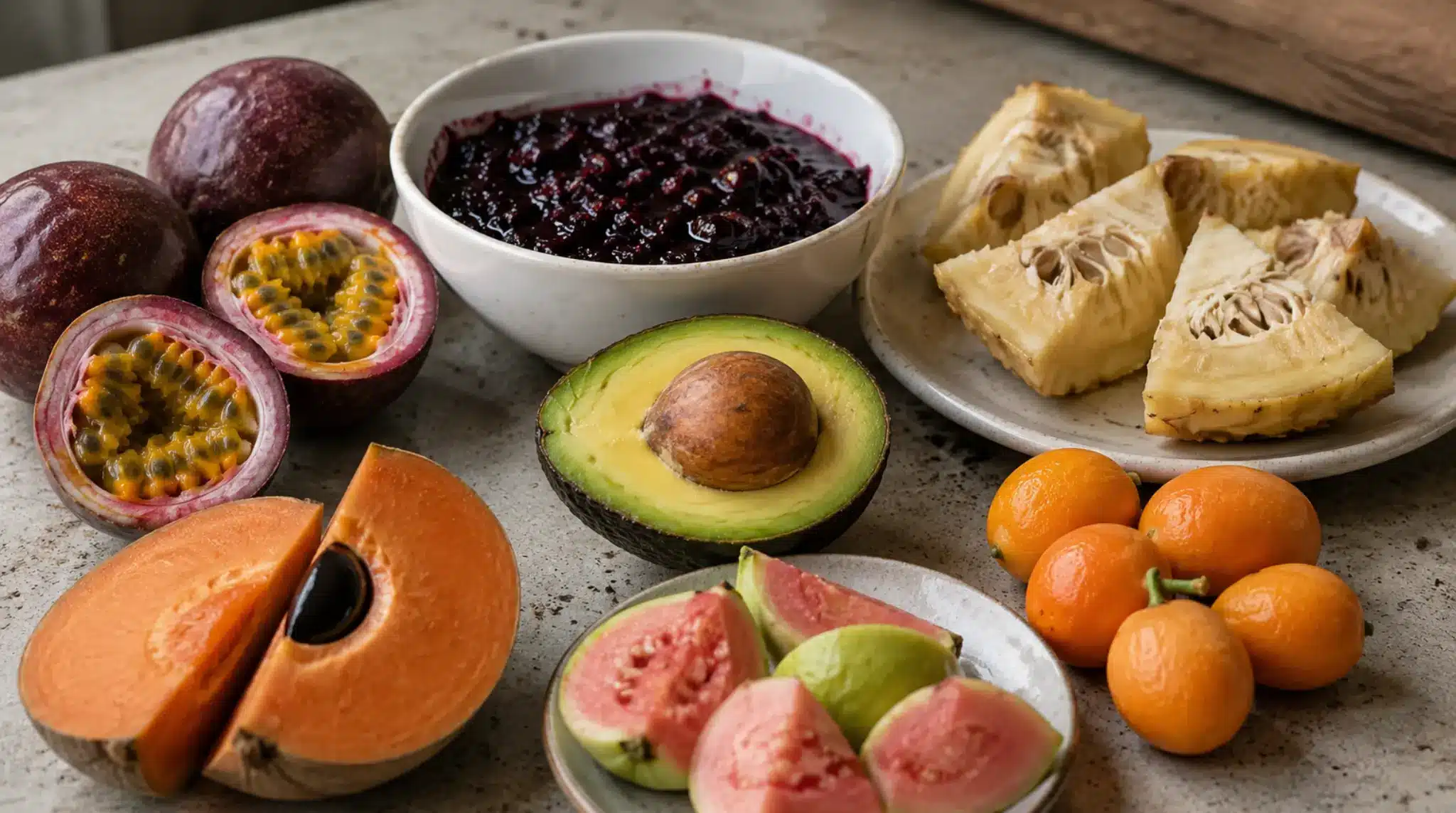 fiber dense fruits including passion fruit guava avocado mamey sapote kumquats and breadfruit