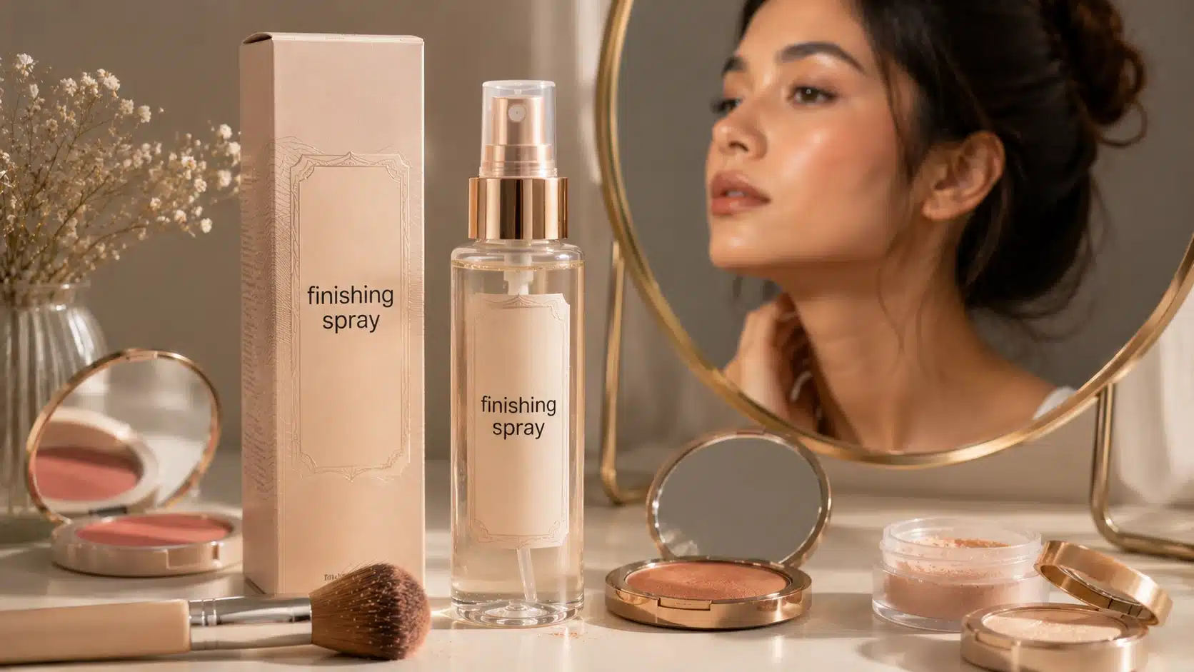 finishing spray product with blush bronzer and powder for softer smoother looking makeup