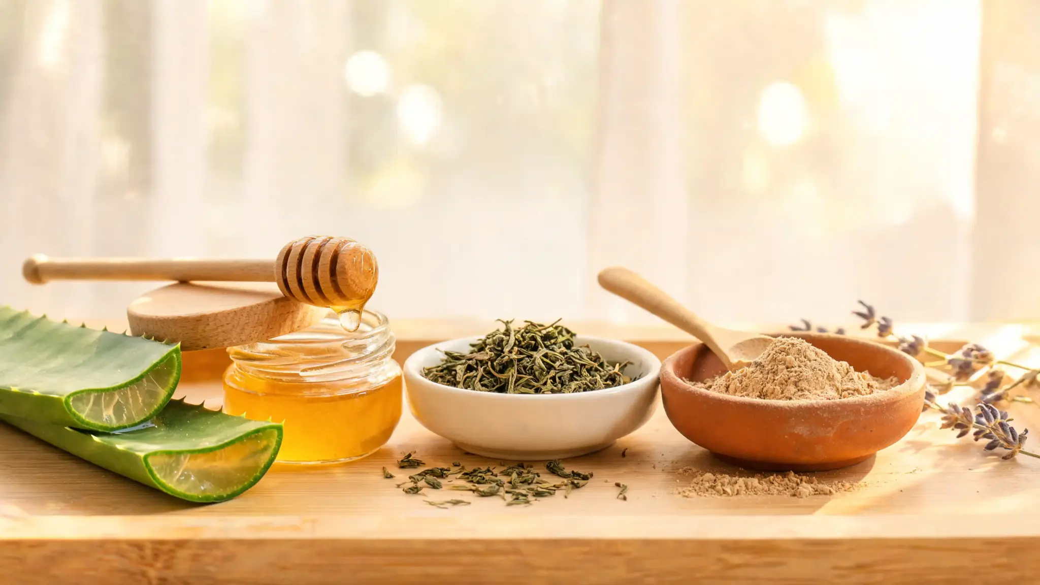 flat lay of natural skincare ingredients like honey aloe vera green tea and clay used for oily skin care routine