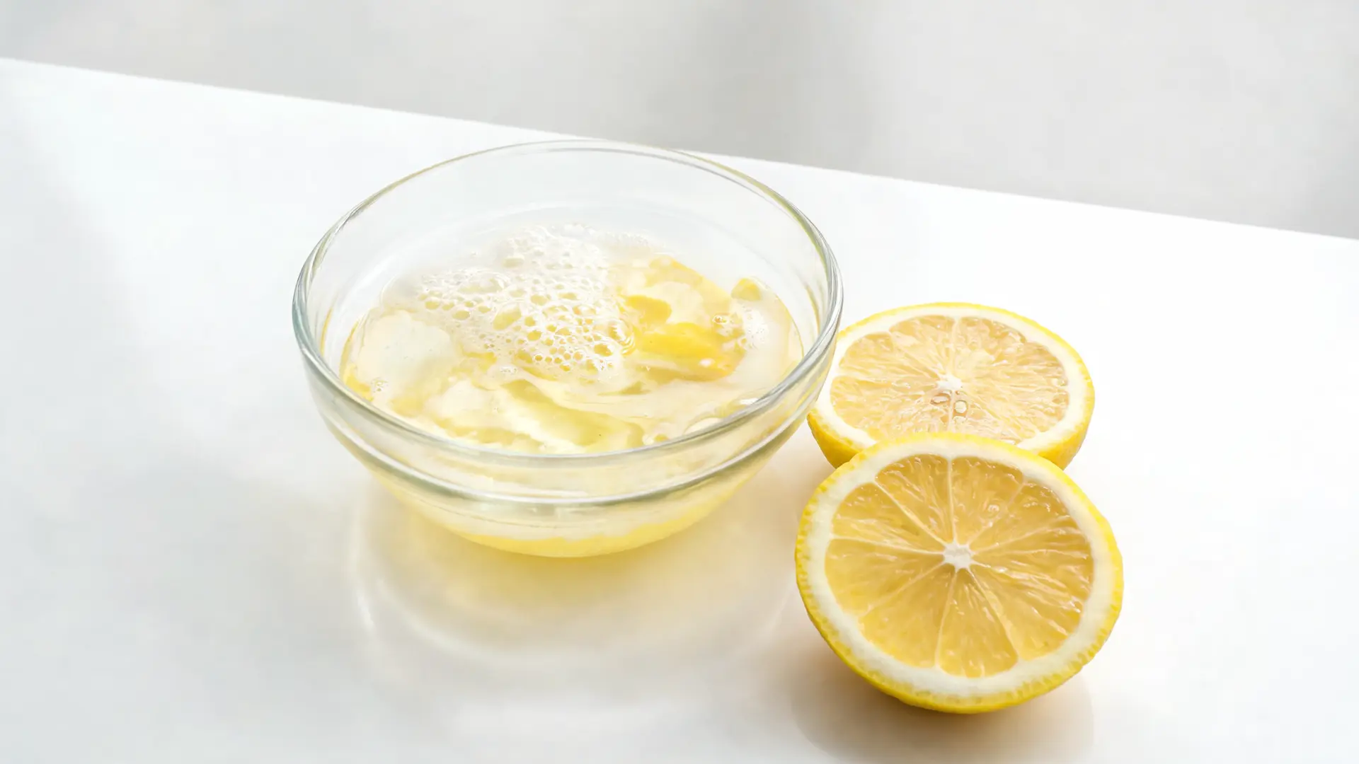foamy egg white lemon mix in bowl bright kitchen clean light lemon slices nearby
