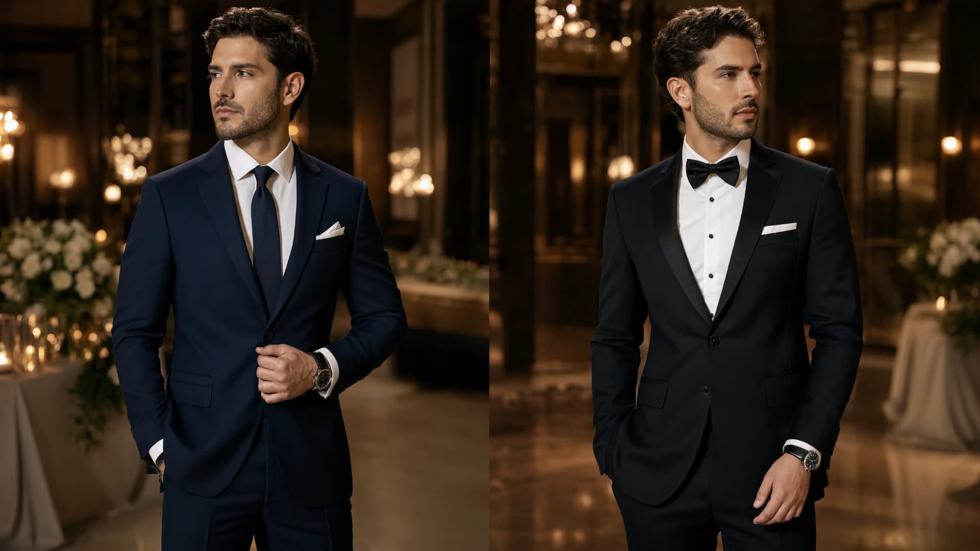 formal wedding outfit ideas for men and women showing refined evening guest attire inspiration