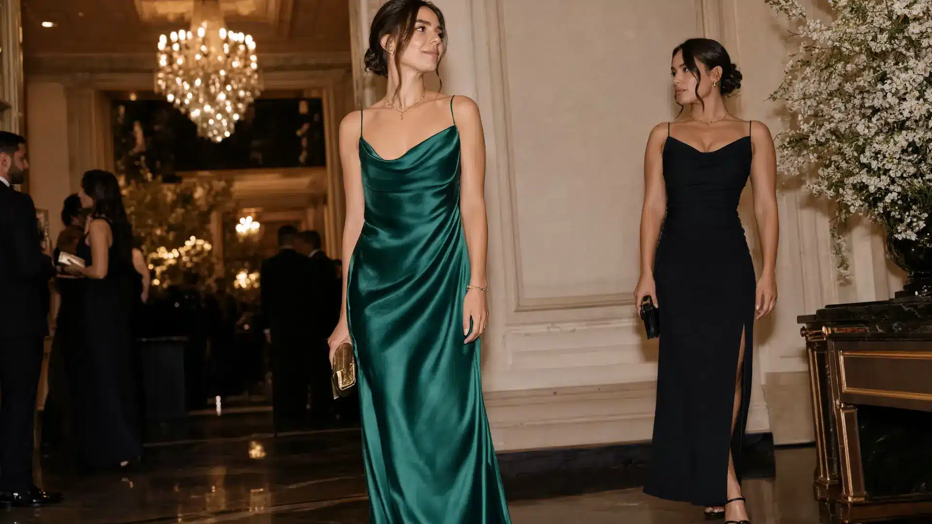 formal wedding outfit ideas for women showing elegant satin gowns and refined evening styling inspiration
