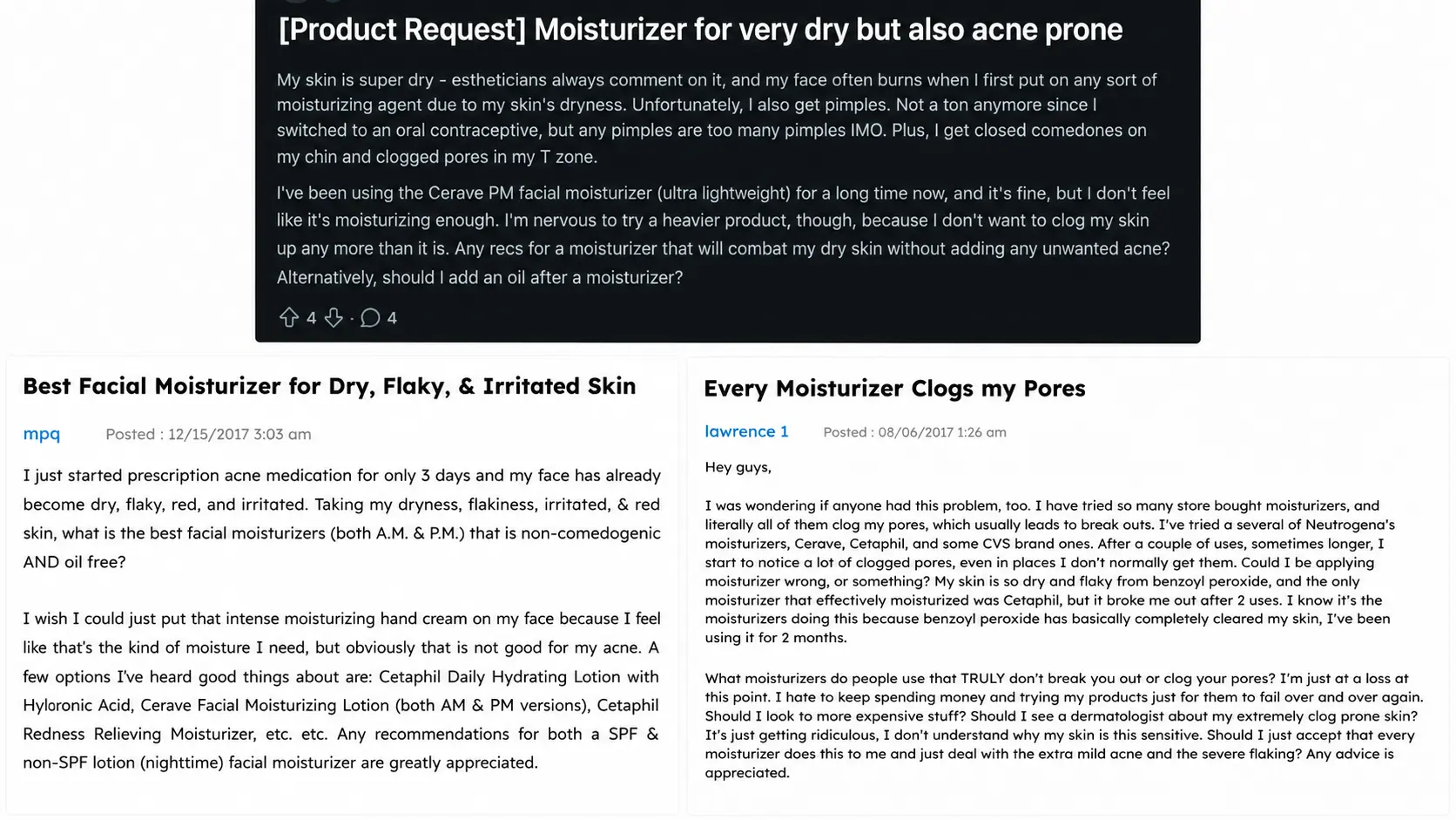 forum screenshots about dry skin acne, moisturizer fears, clogged pores and irritated breakouts