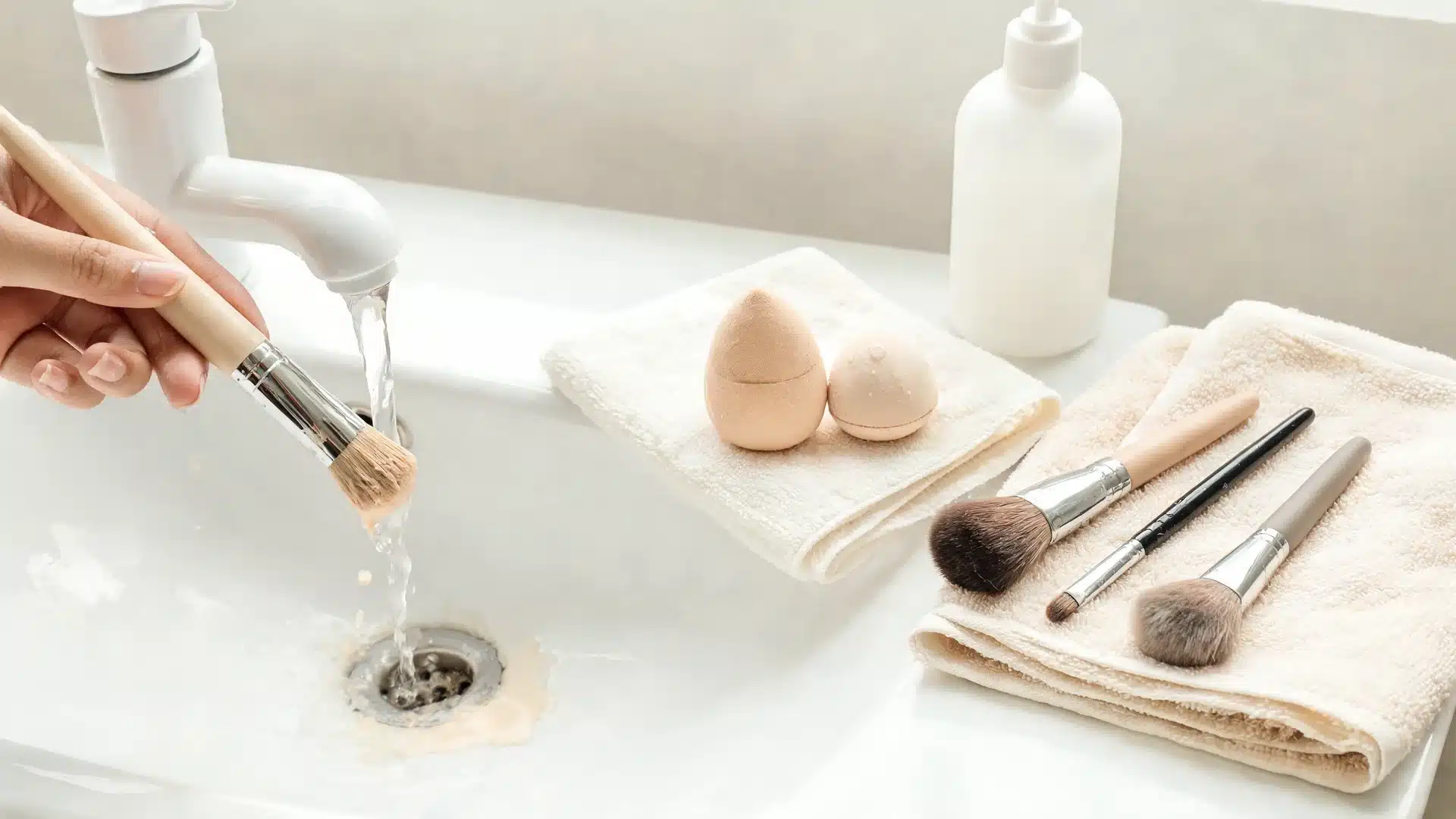 foundation brush vs sponge cleaning scene with wet brushes and makeup sponges drying on a towel