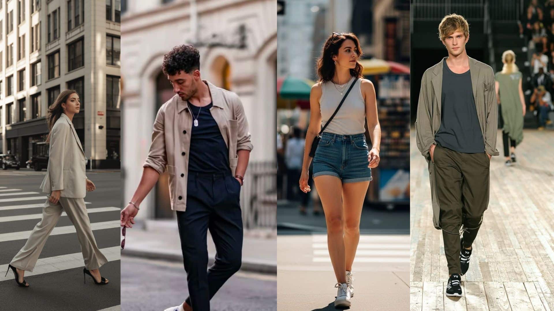 four models walking in stylish outfits on a city street