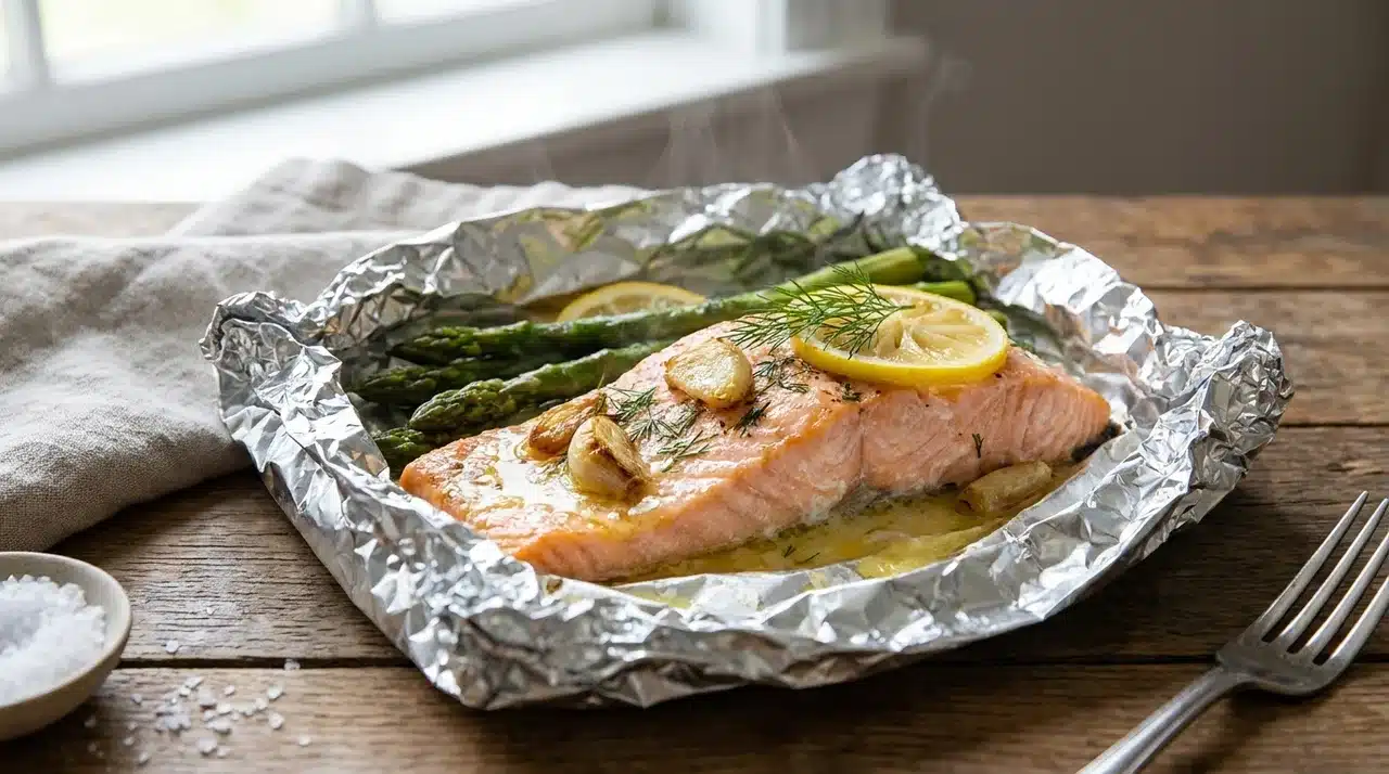 garlic butter salmon in foil with asparagus, lemon slices, dill, roasted garlic, and melted butter